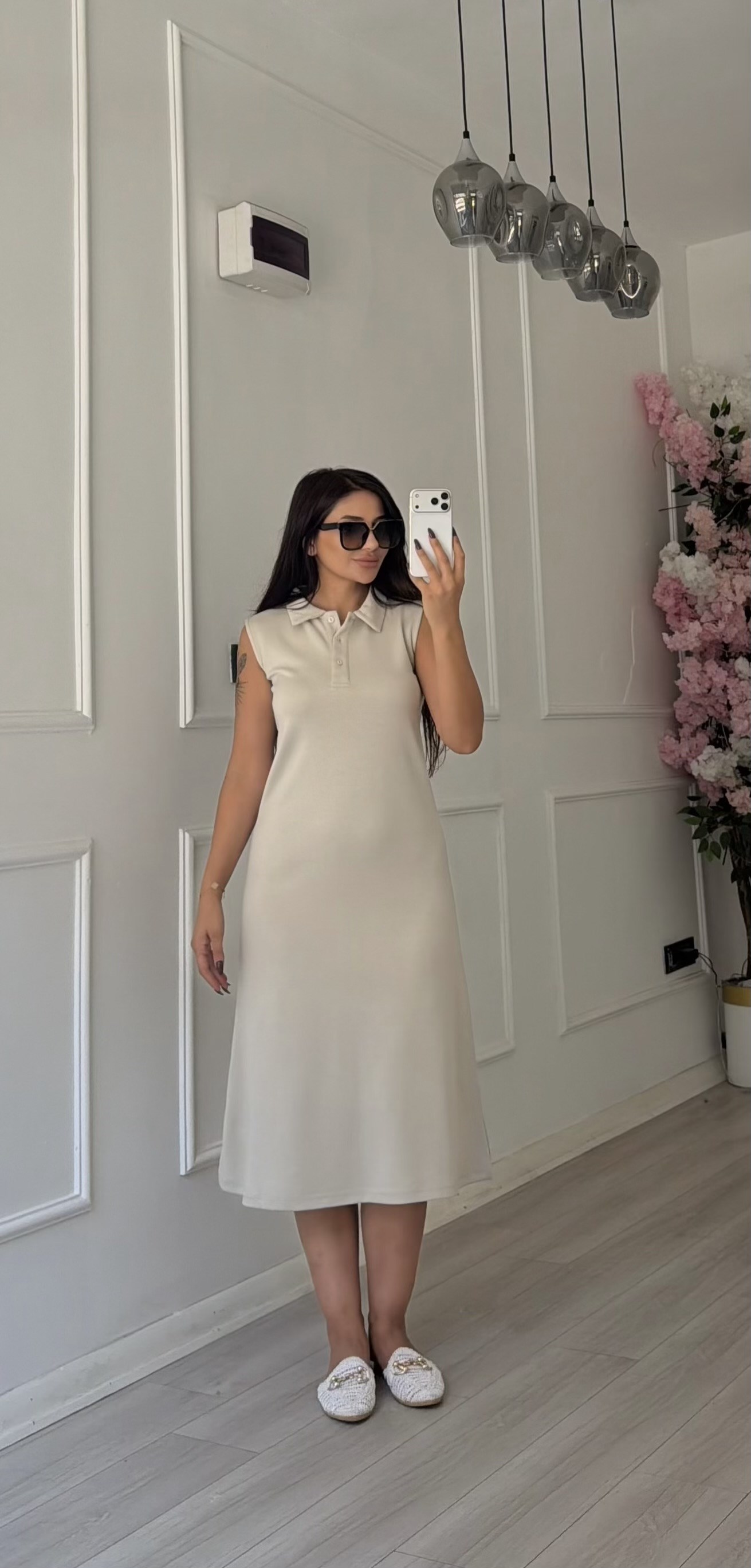 Bej Polo Yaka Sıfır Kol Uzun Elbise