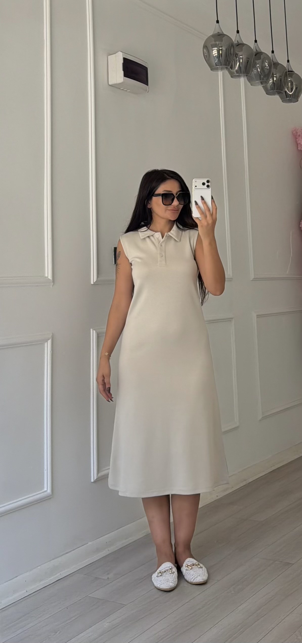 Bej Polo Yaka Sıfır Kol Uzun Elbise