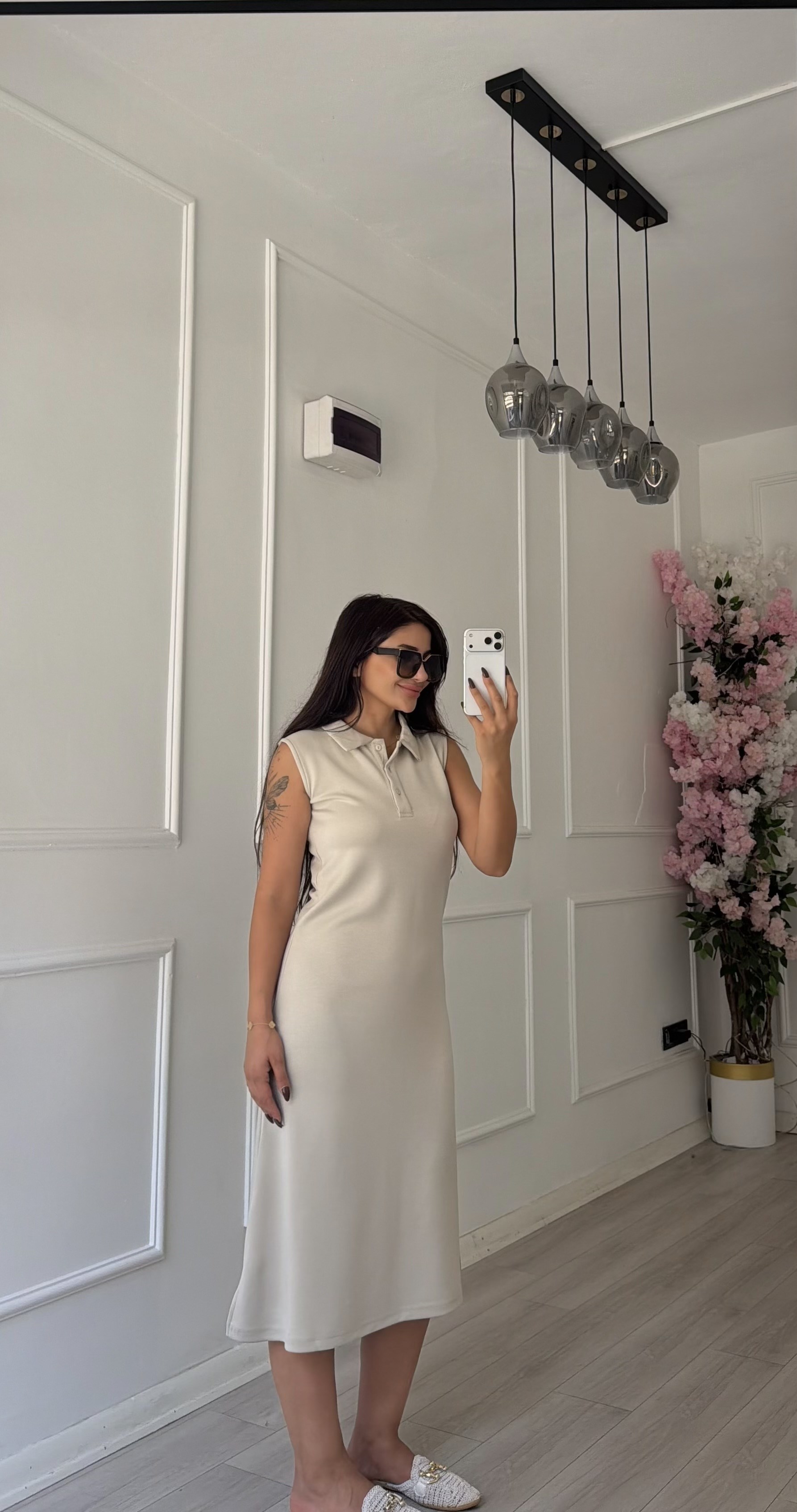 Bej Polo Yaka Sıfır Kol Uzun Elbise
