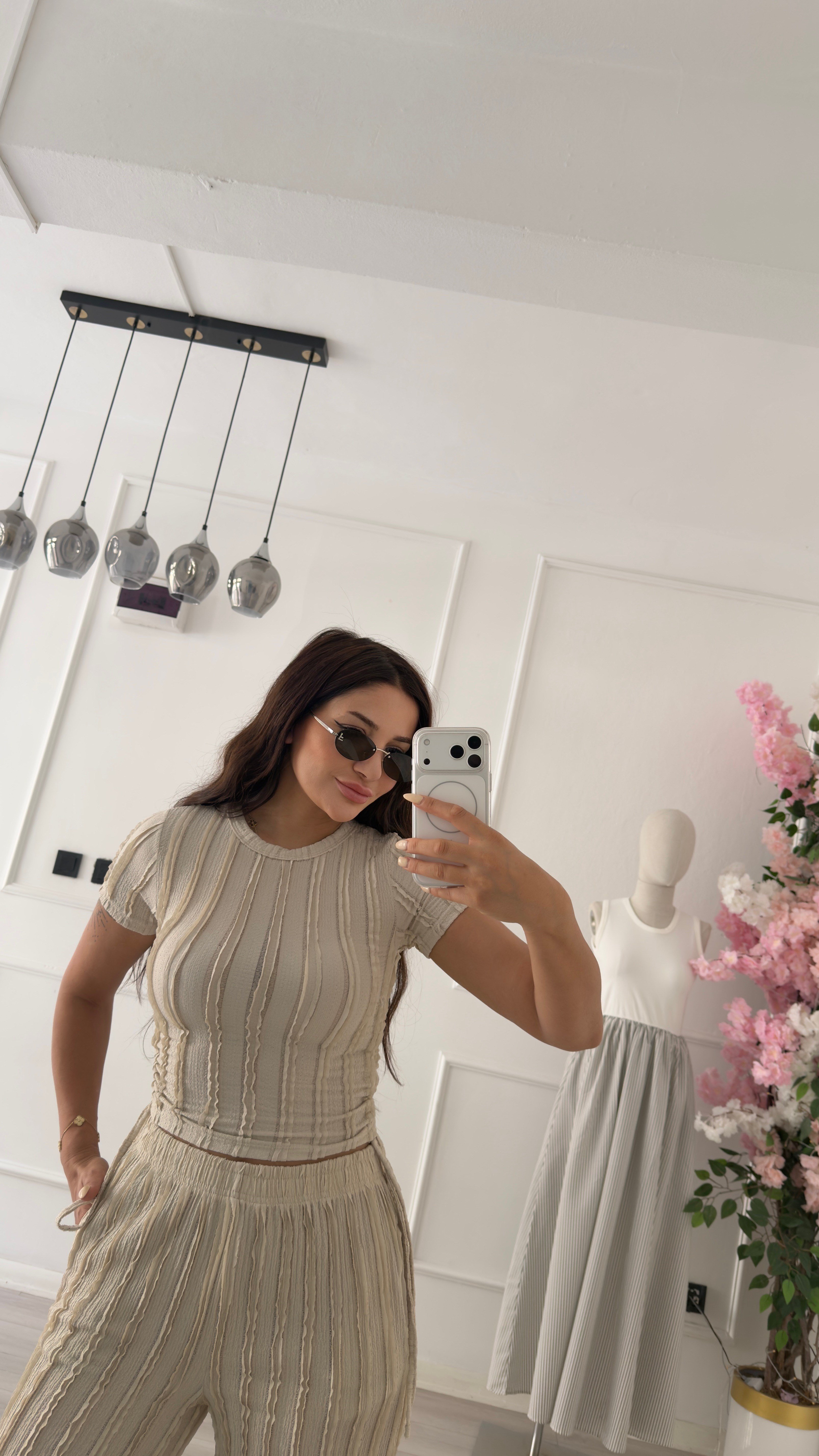 Bej Yanları Büzgülü Pantolon Takım