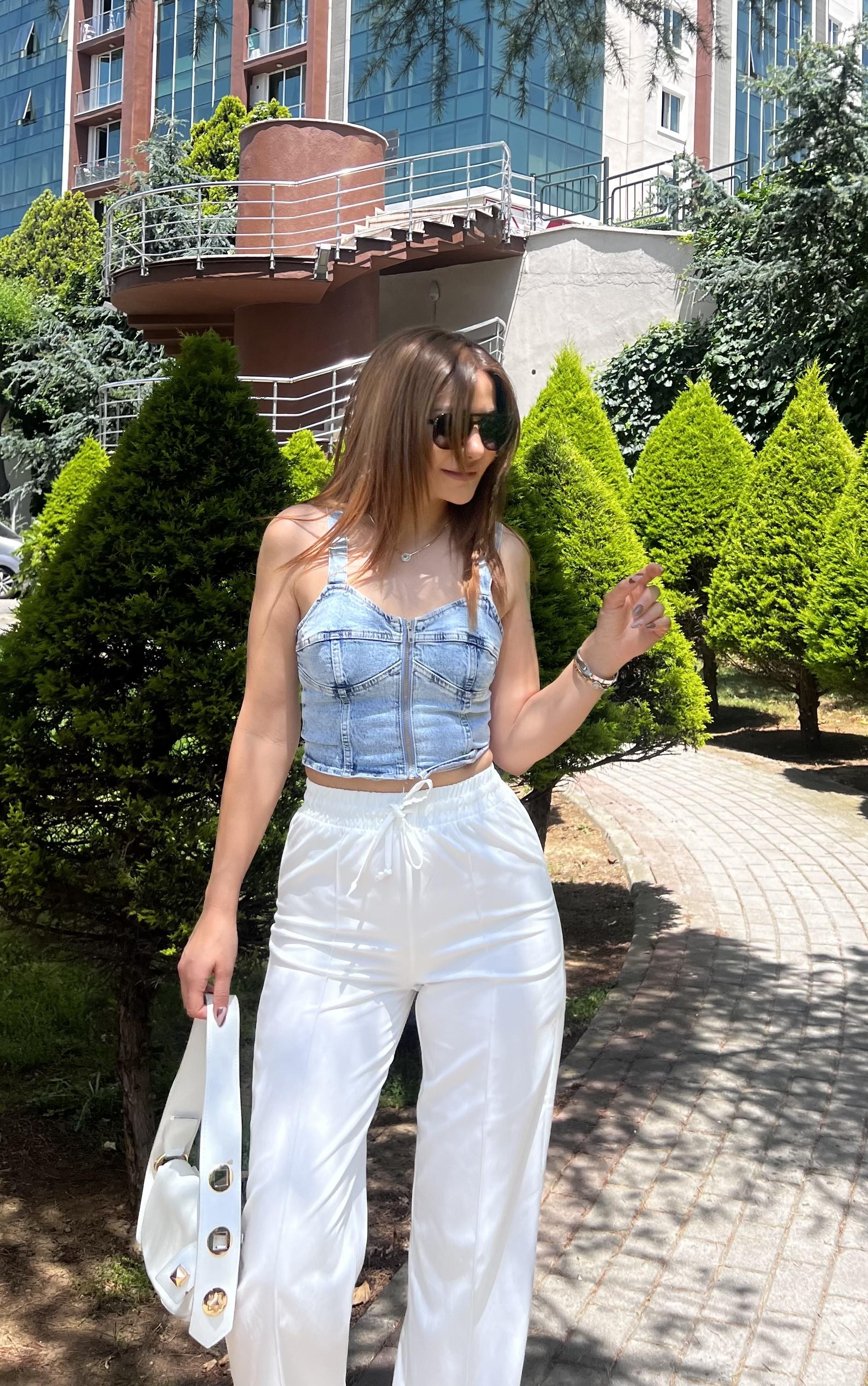 BELİ LASTİKLİ  POLİVİSKON PANTOLON -BEYAZ