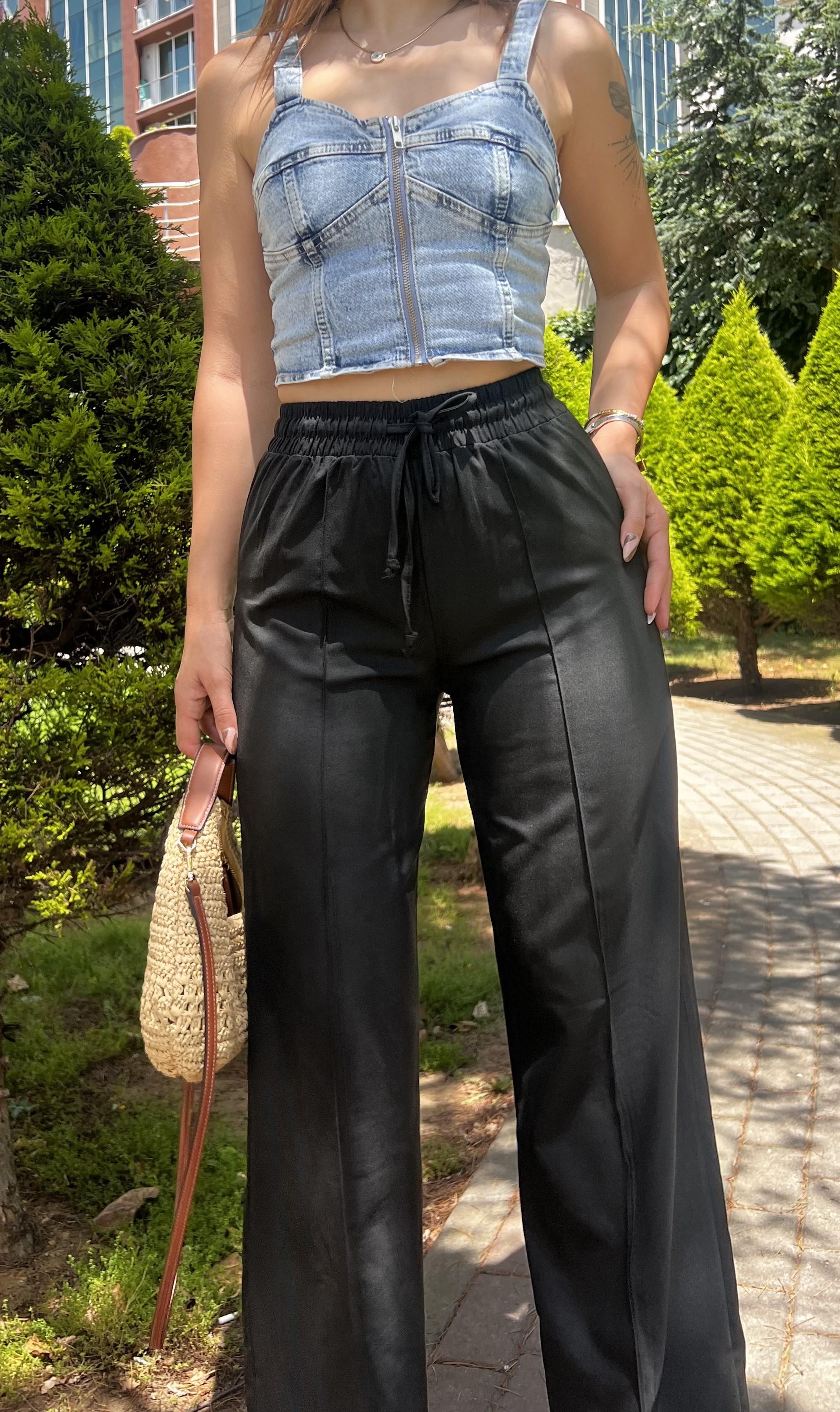 BELİ LASTİKLİ  POLİVİSKON PANTOLON -SİYAH
