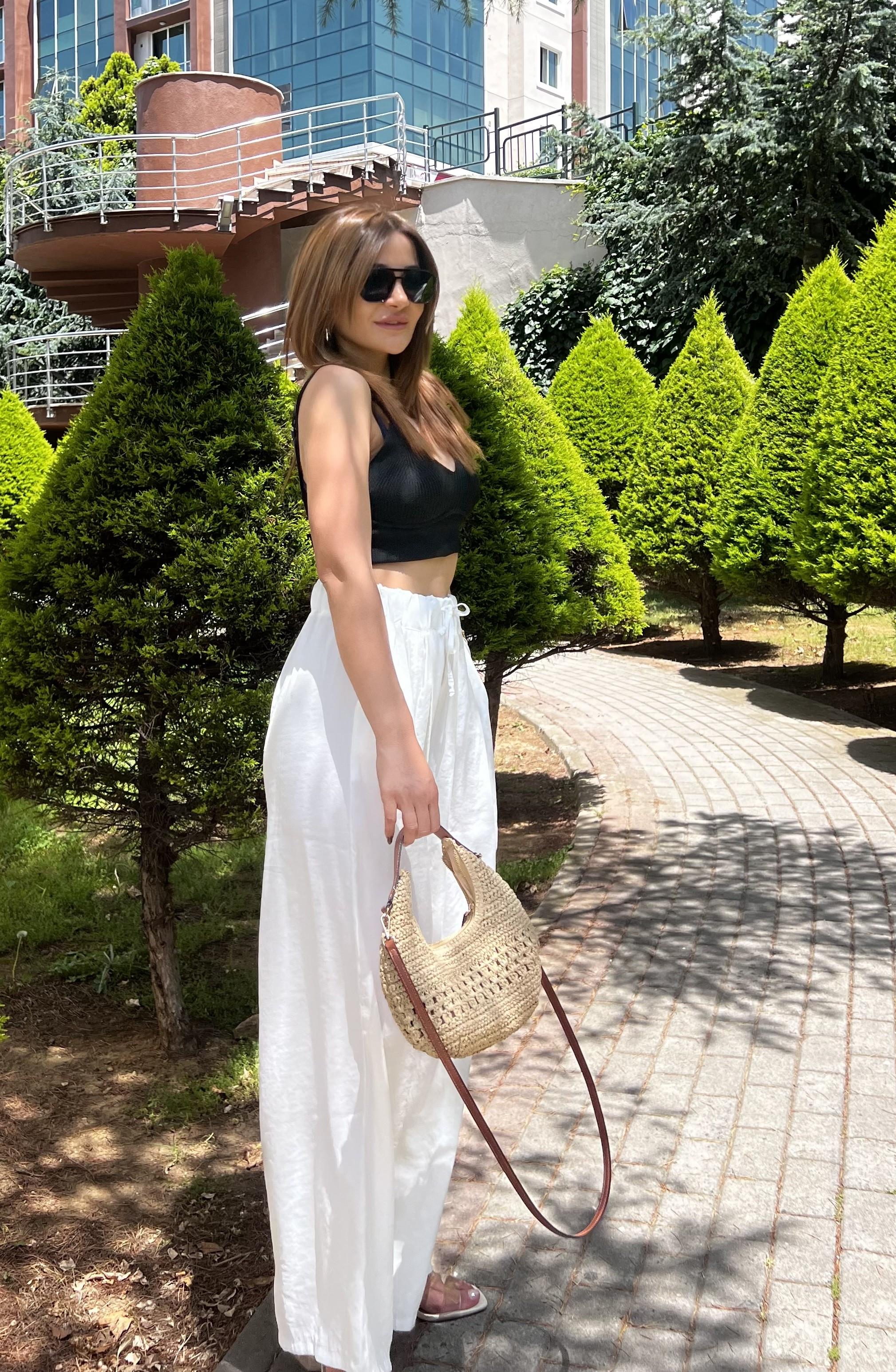 Beli Lastikli Tensel Kumaş Salaş Pantolon-Beyaz