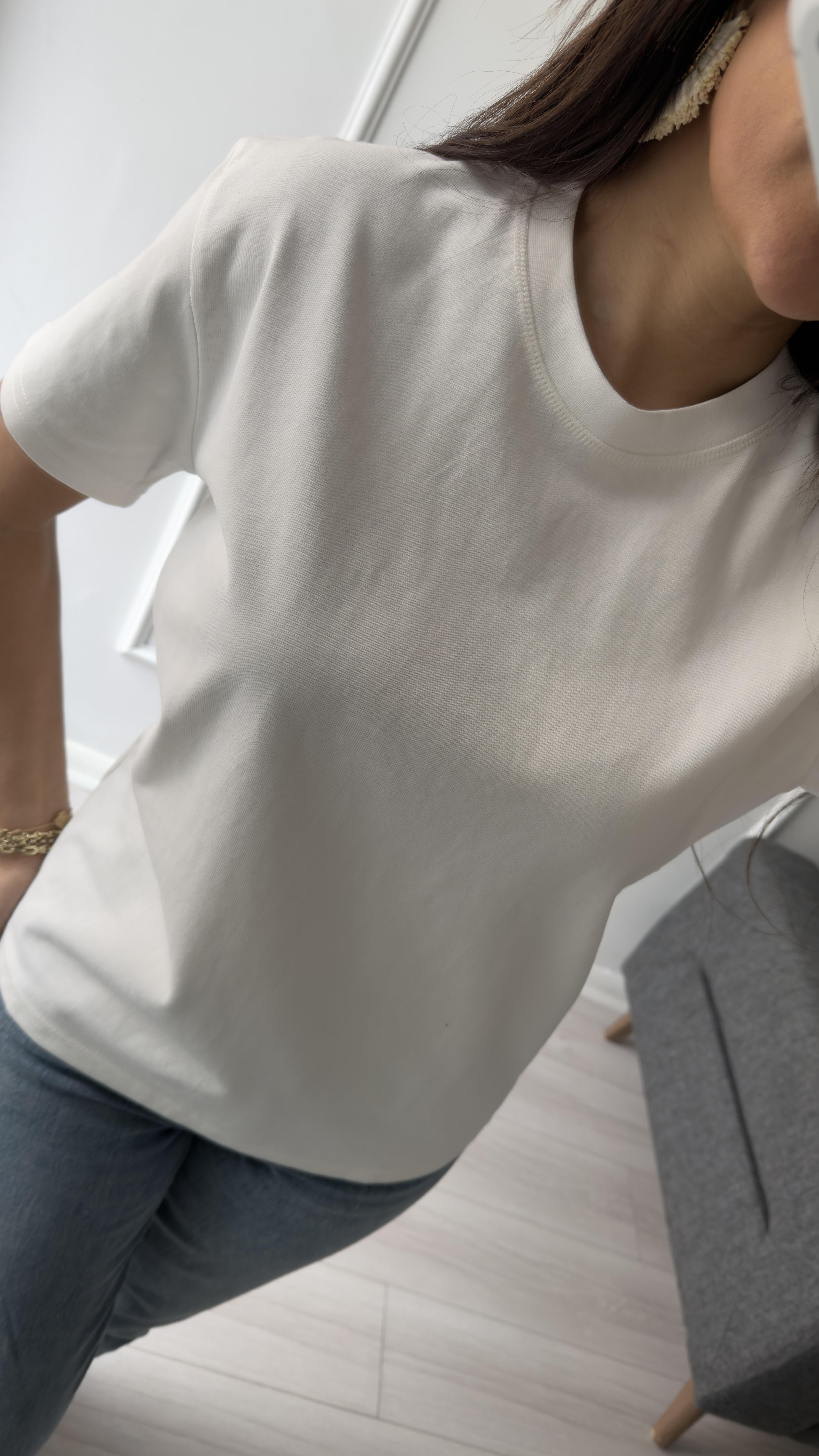 Beyaz %100 Cotton Kısa Kollu Bisiklet Yaka Tshirt