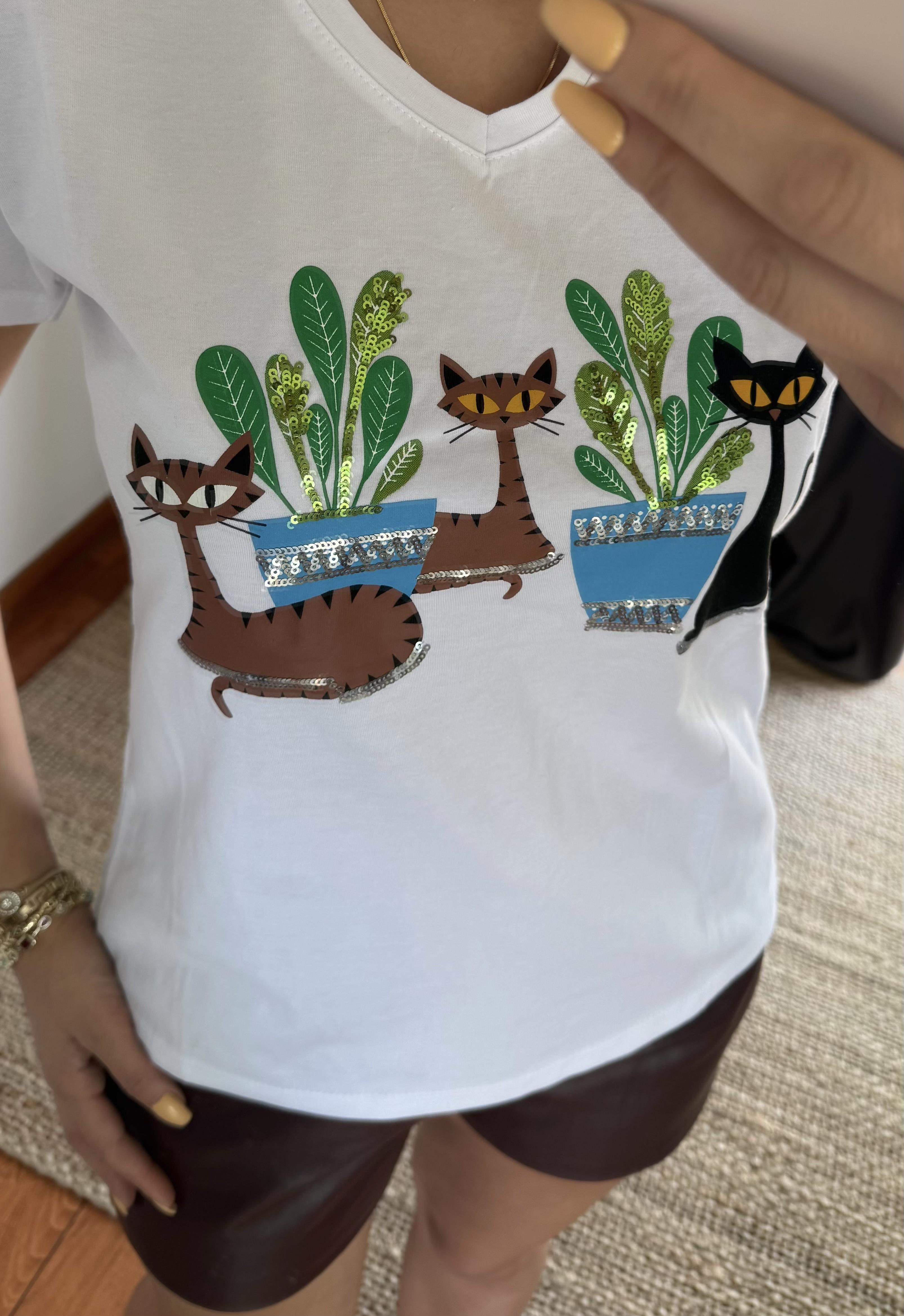 Beyaz Yeni Sezon %100 Pamuk T-shirt-Kaktüs Pul Payet İşlemeli