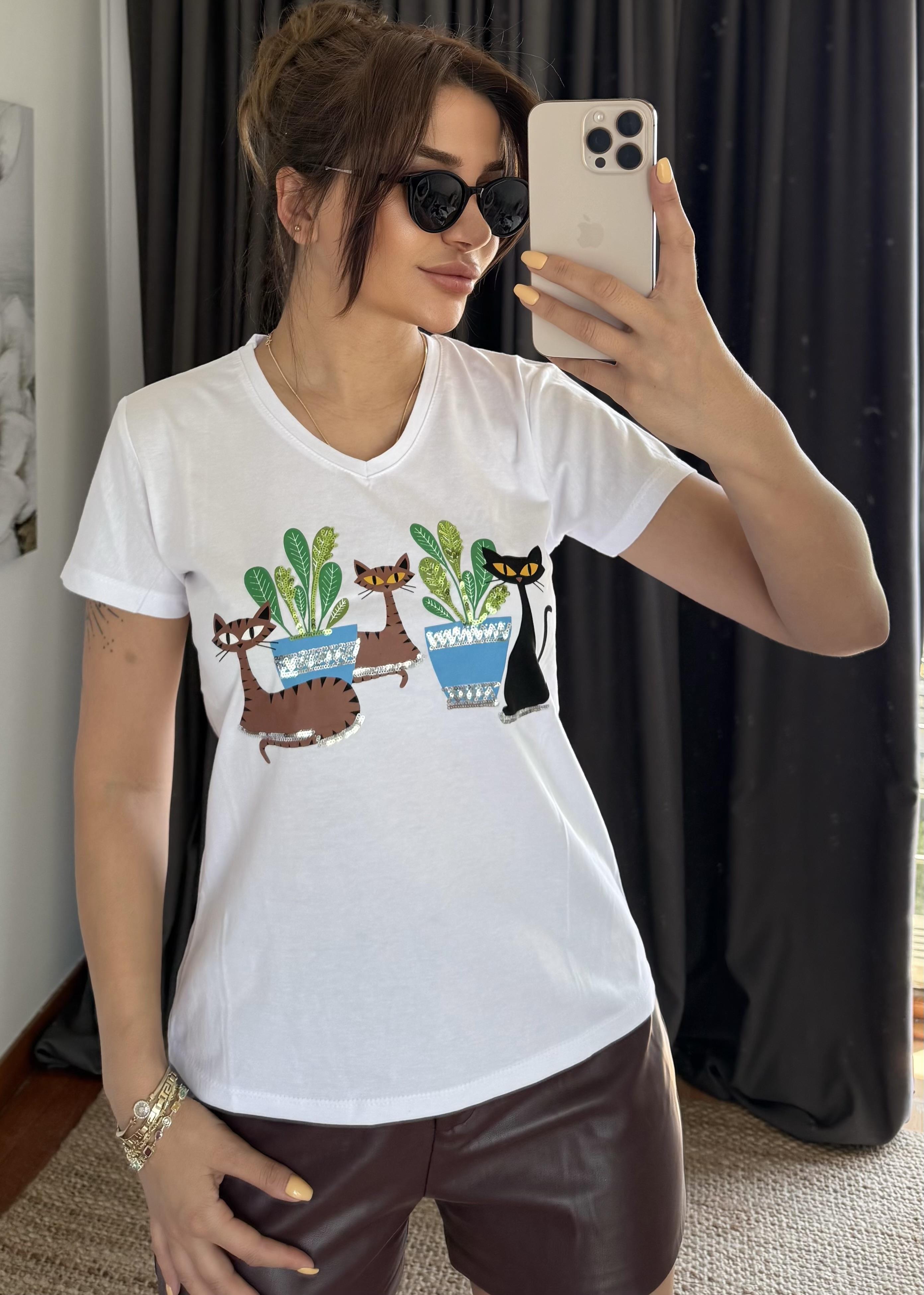 Beyaz Yeni Sezon %100 Pamuk T-shirt-Kaktüs Pul Payet İşlemeli
