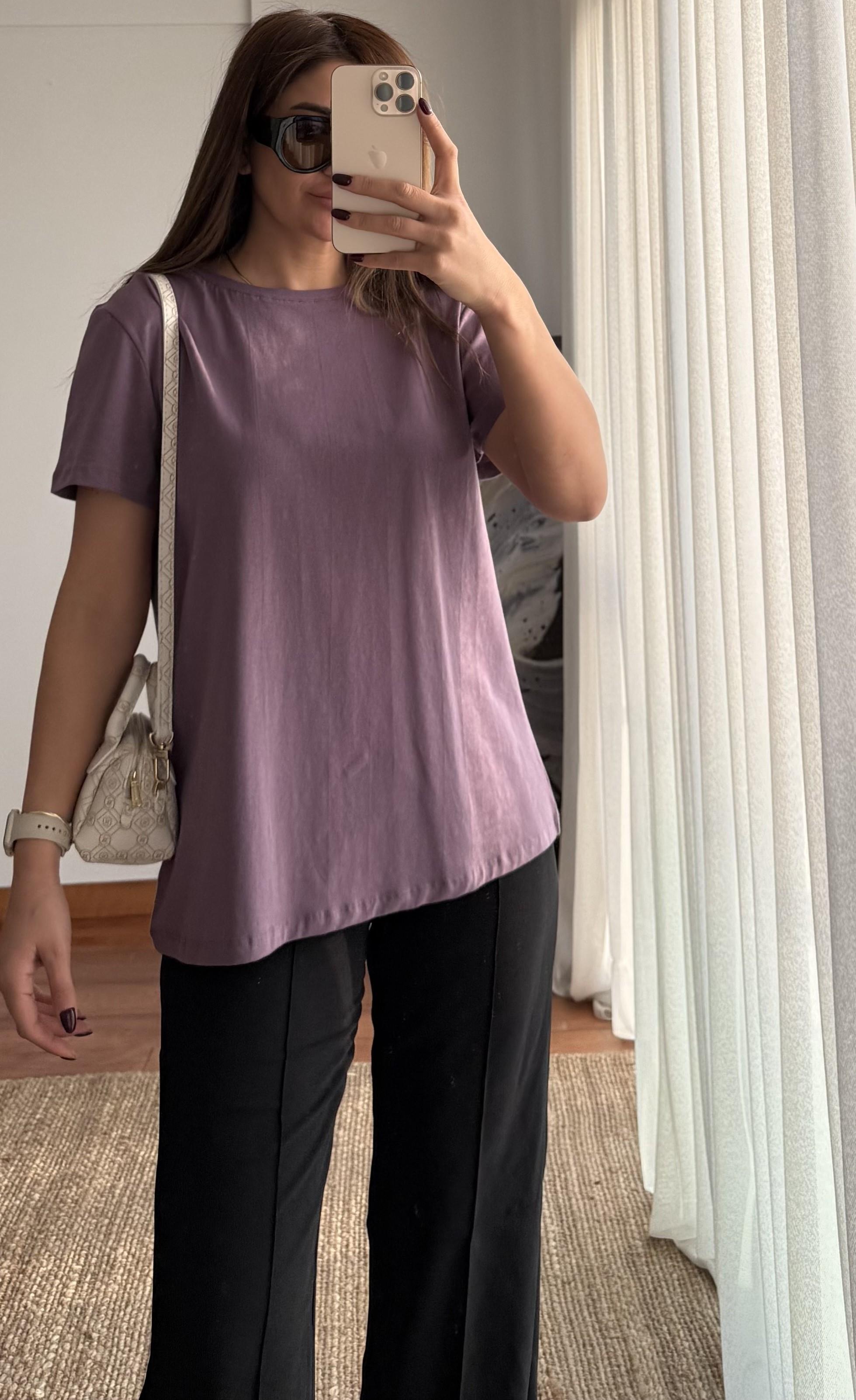 Bisiklet Yaka Basıc T-shirt- Mor 