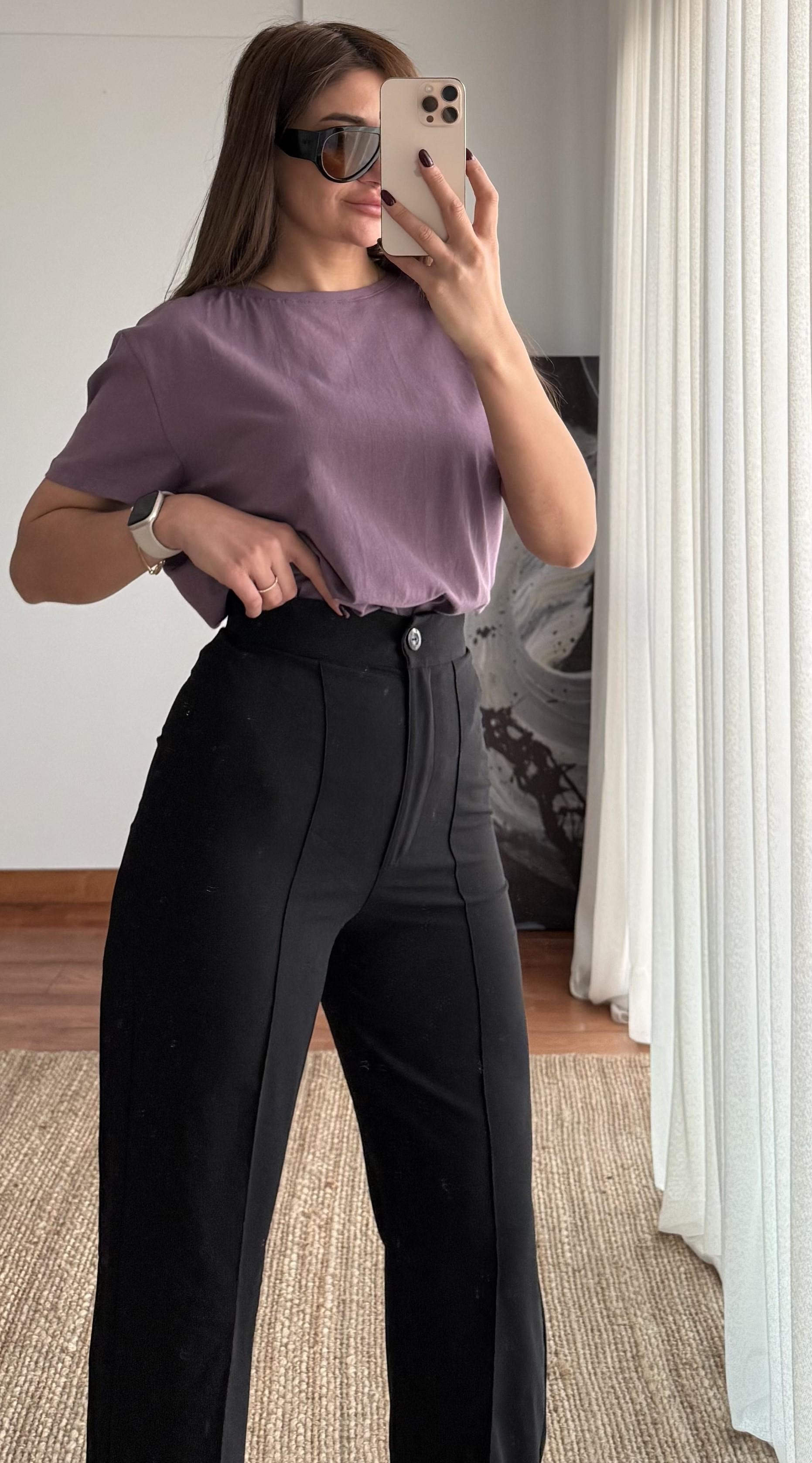 Bisiklet Yaka Basıc T-shirt- Mor 