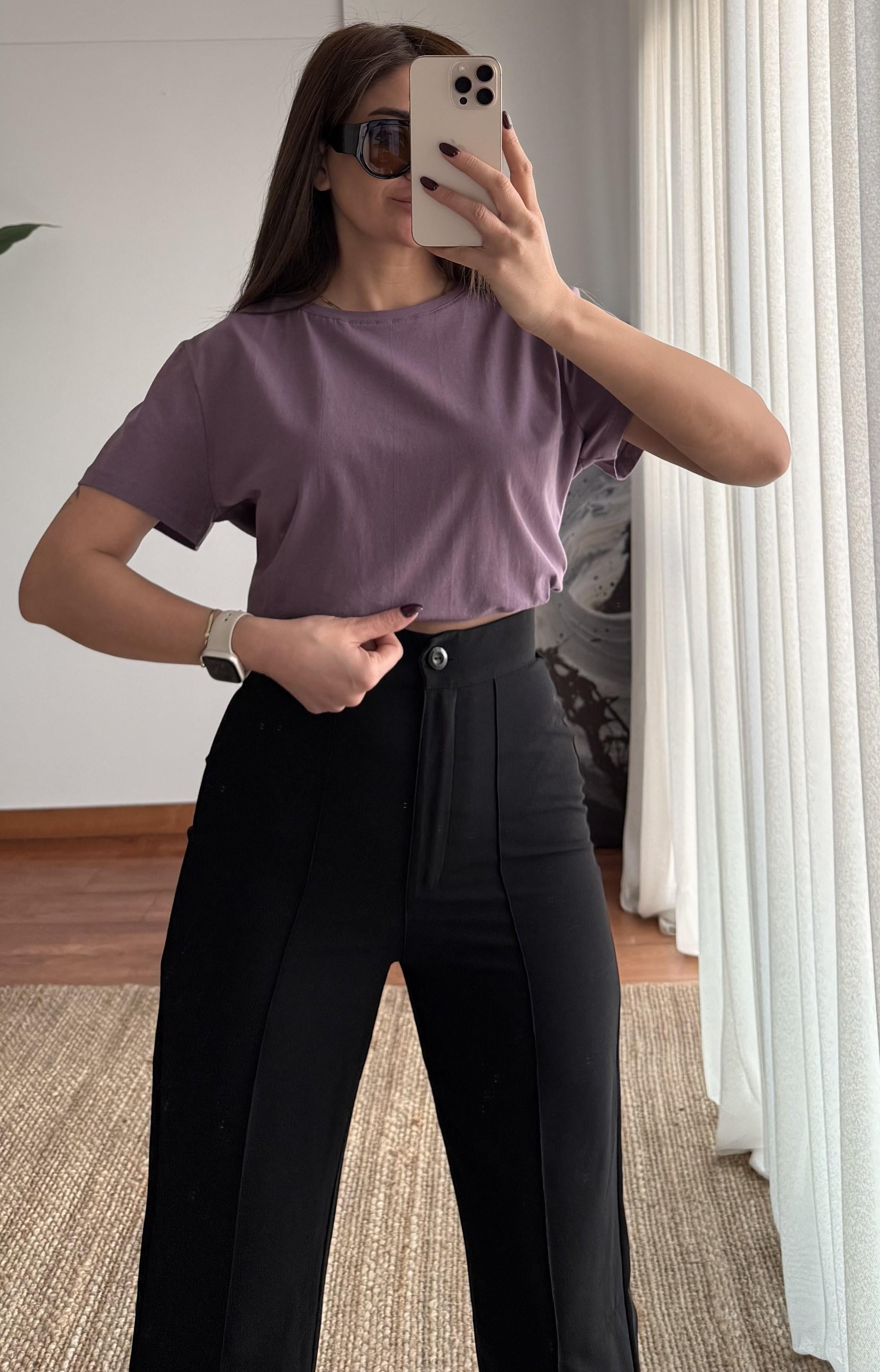 Bisiklet Yaka Basıc T-shirt- Mor 