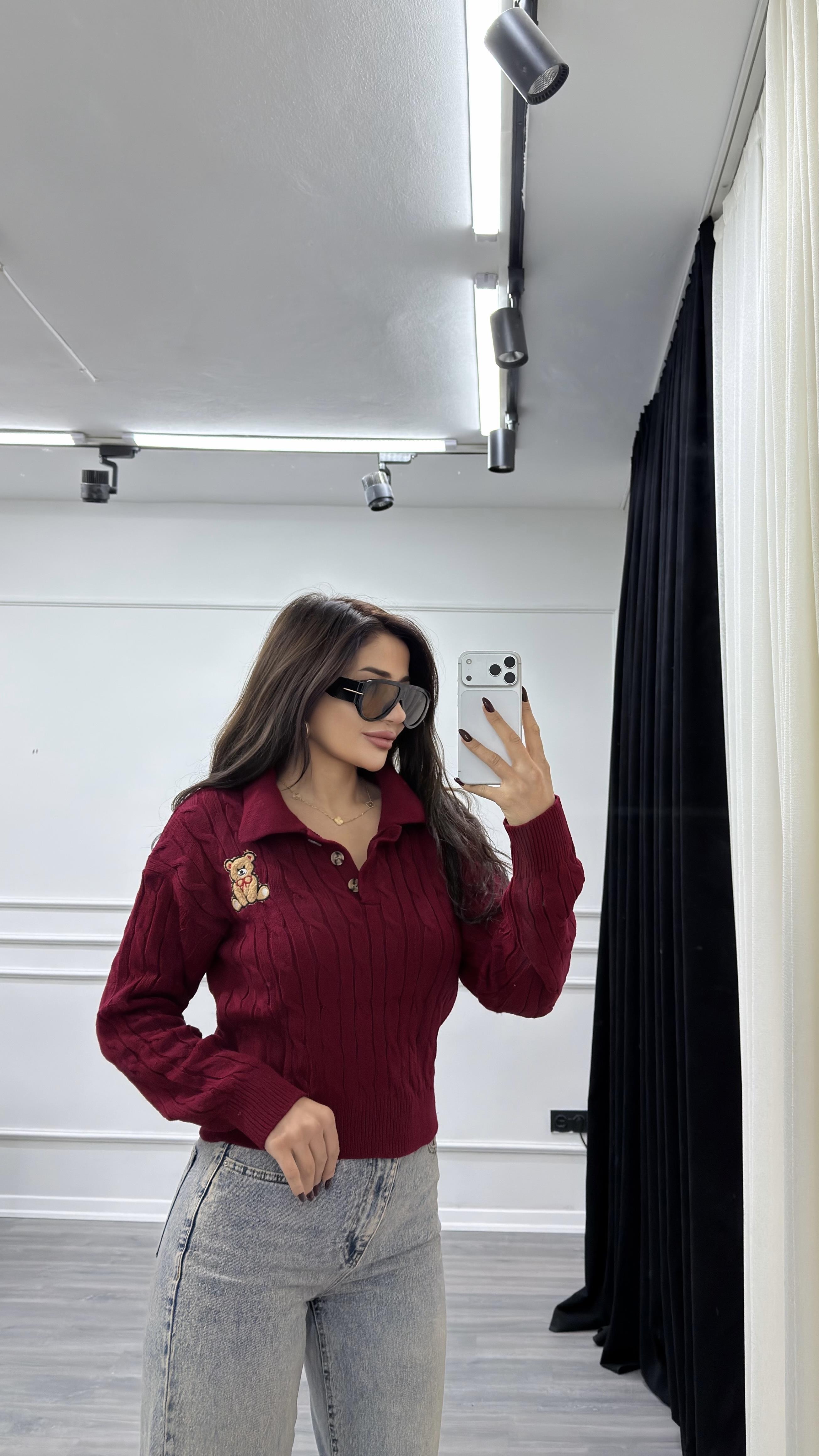 Bordo Ayıcıklı Nakış Desenli Triko Kazak Bej 