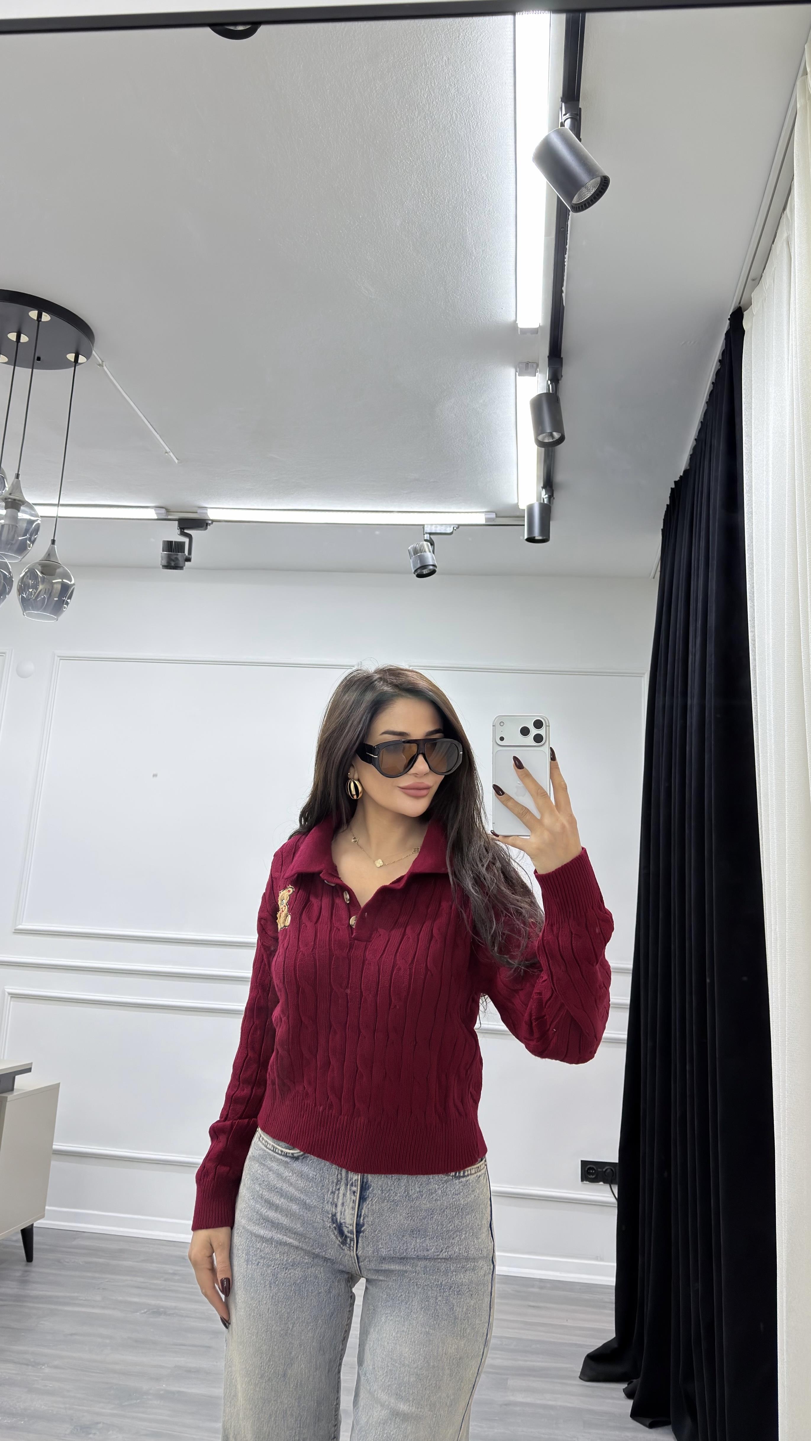 Bordo Ayıcıklı Nakış Desenli Triko Kazak Bej 