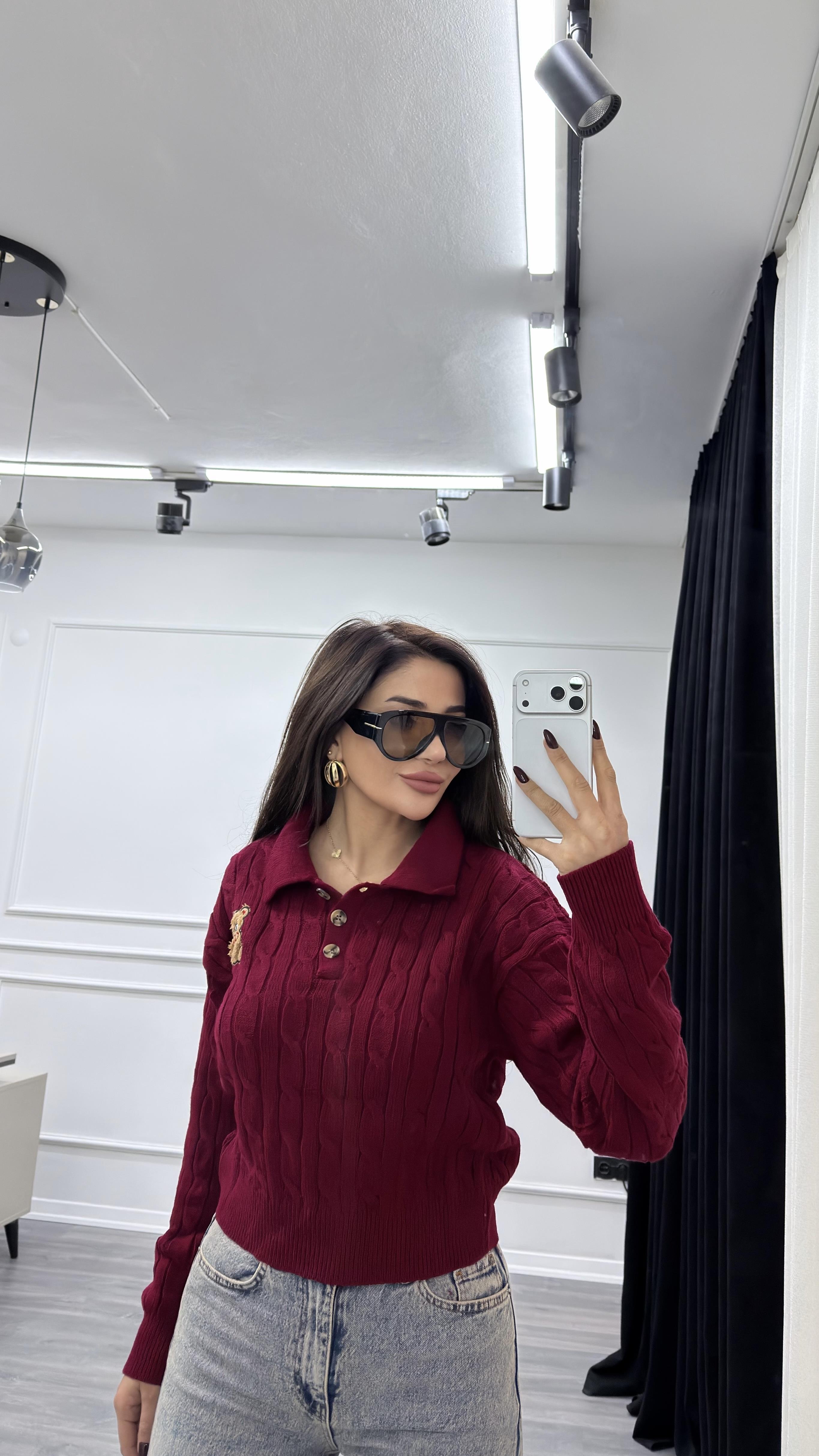 Bordo Ayıcıklı Nakış Desenli Triko Kazak Bej 