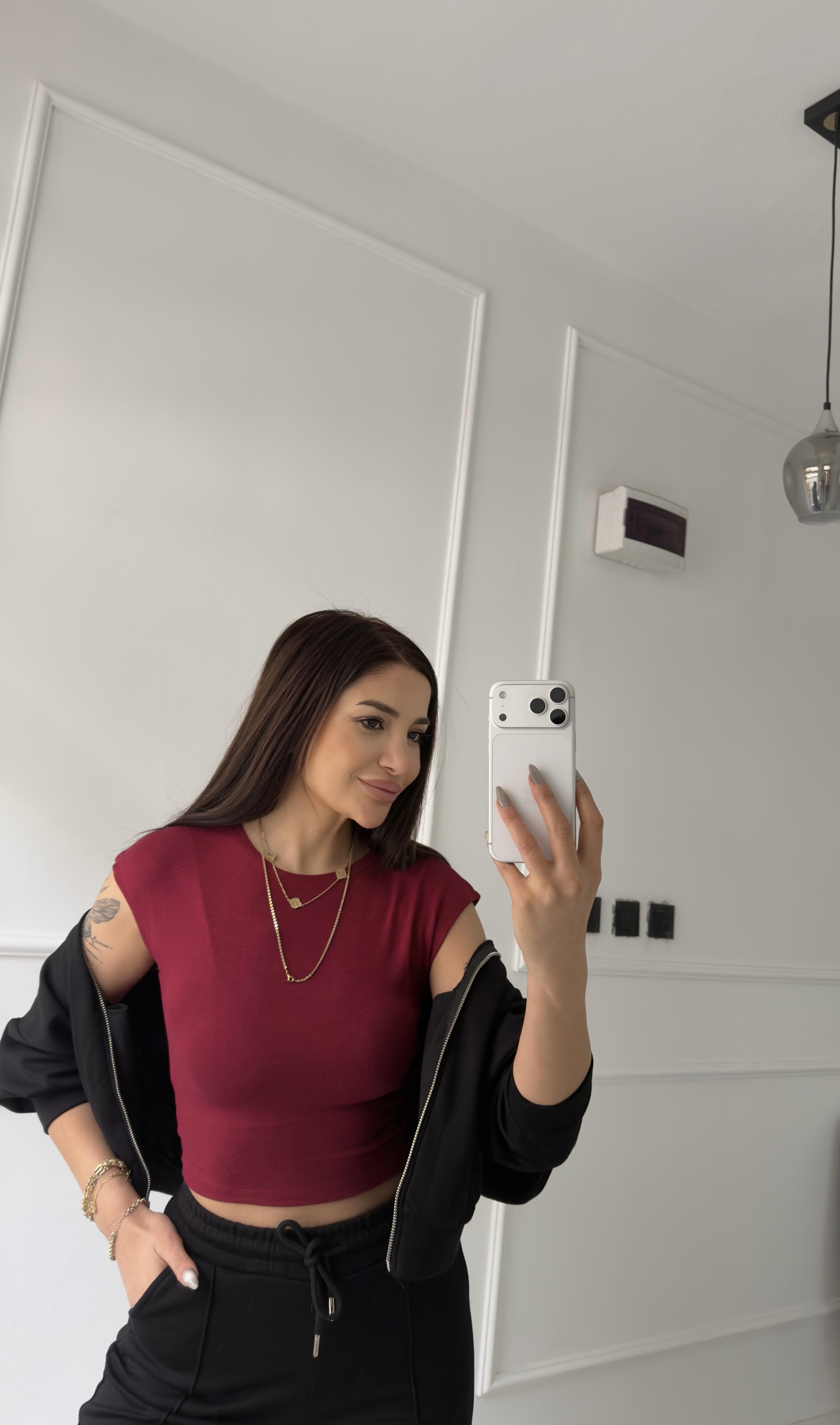 Bordo Bisiklet Yaka Kısa Kollu Bluz