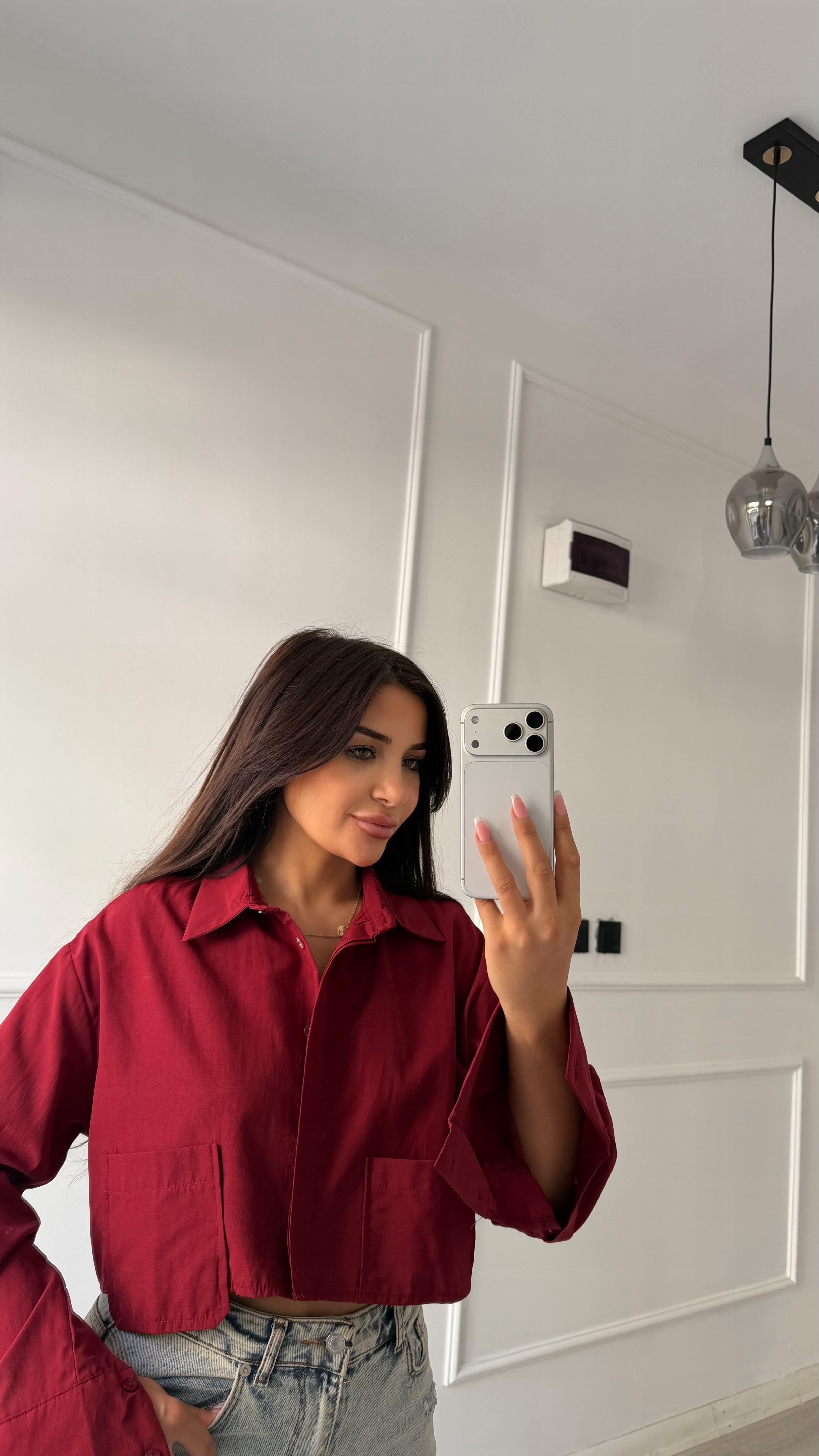 Bordo Çift Cepli Kısa Boy Oversize Gömlek