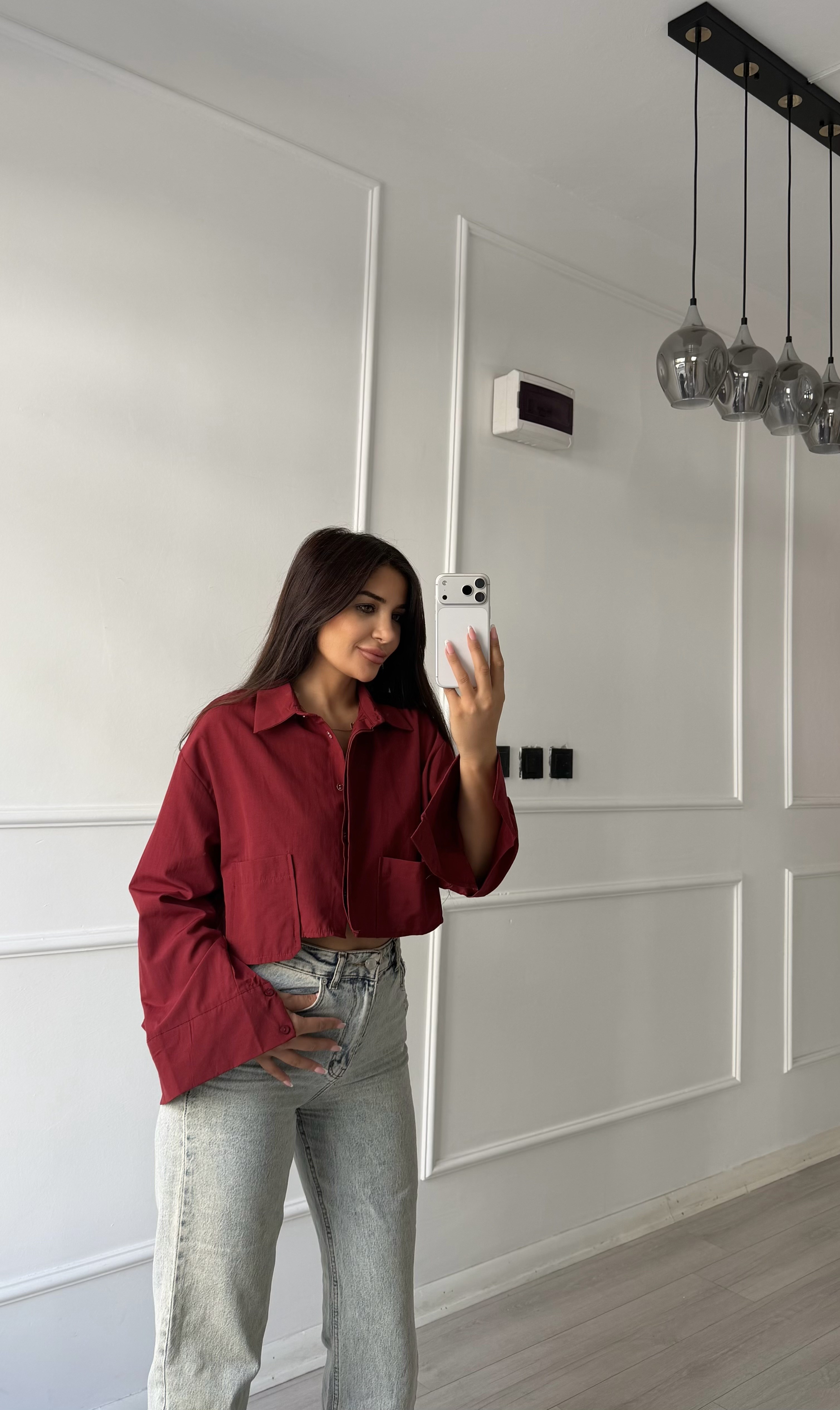 Bordo Çift Cepli Kısa Boy Oversize Gömlek