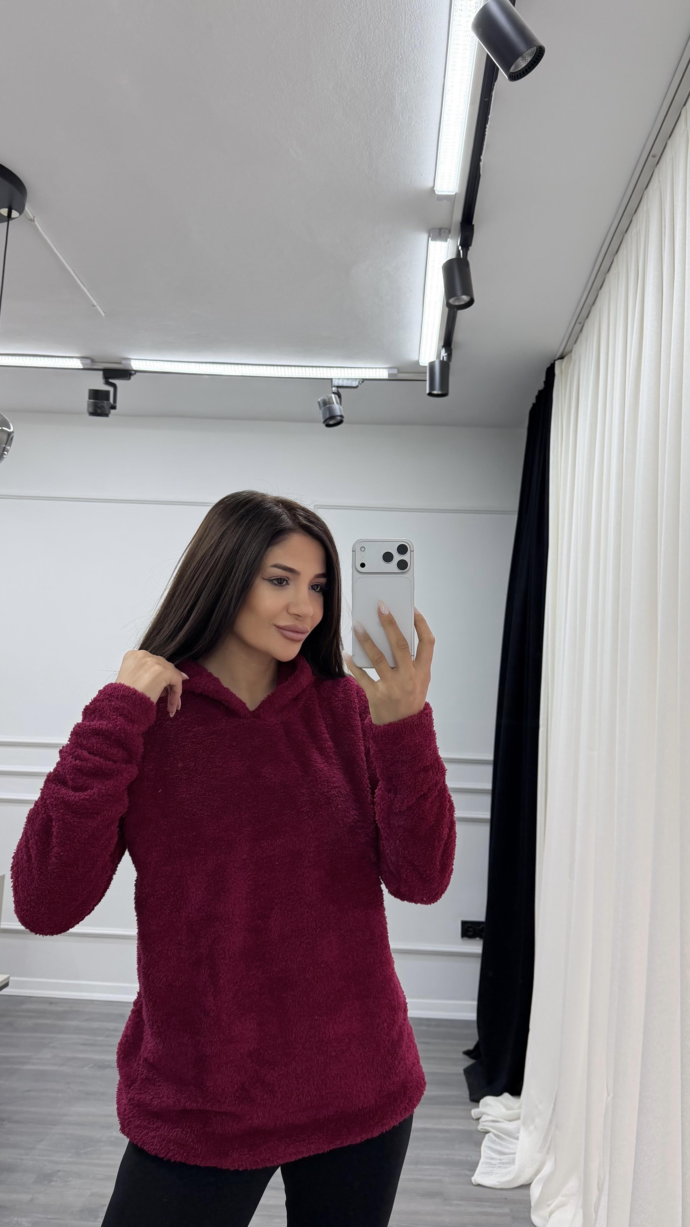 Bordo Kapüşonlu Yumoş Oversize Peluş Sweatshirt