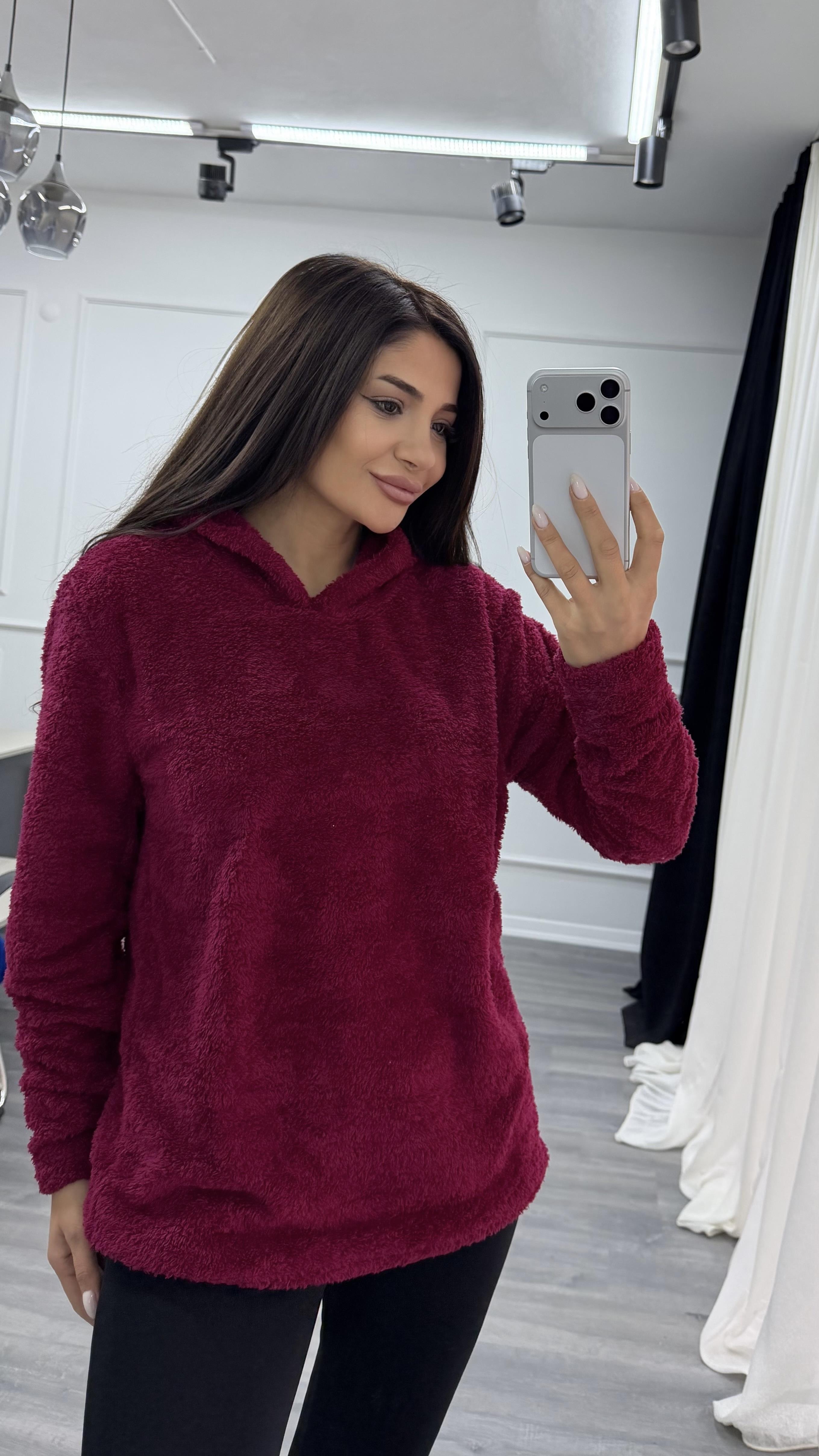 Bordo Kapüşonlu Yumoş Oversize Peluş Sweatshirt