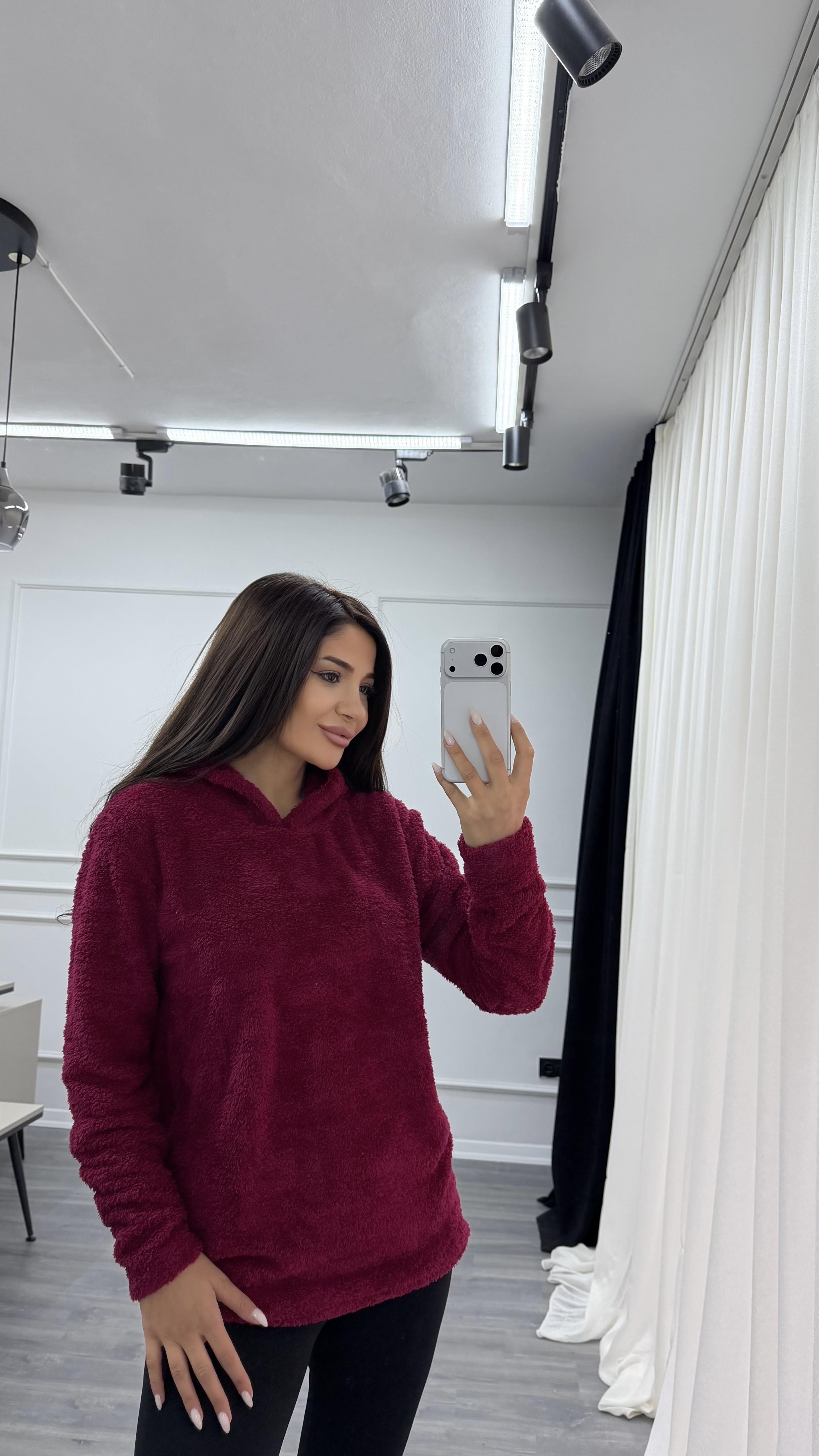 Bordo Kapüşonlu Yumoş Oversize Peluş Sweatshirt