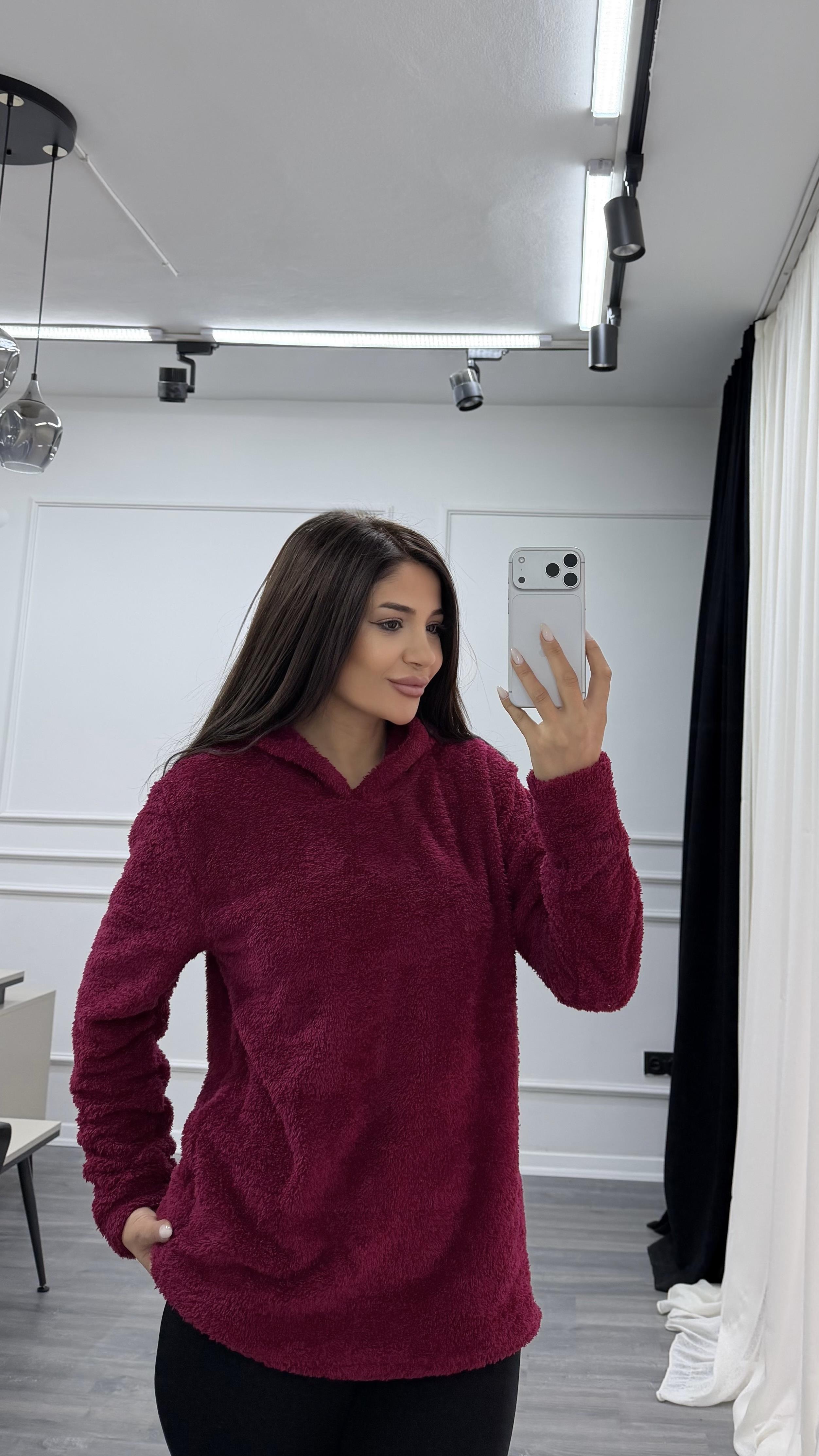 Bordo Kapüşonlu Yumoş Oversize Peluş Sweatshirt