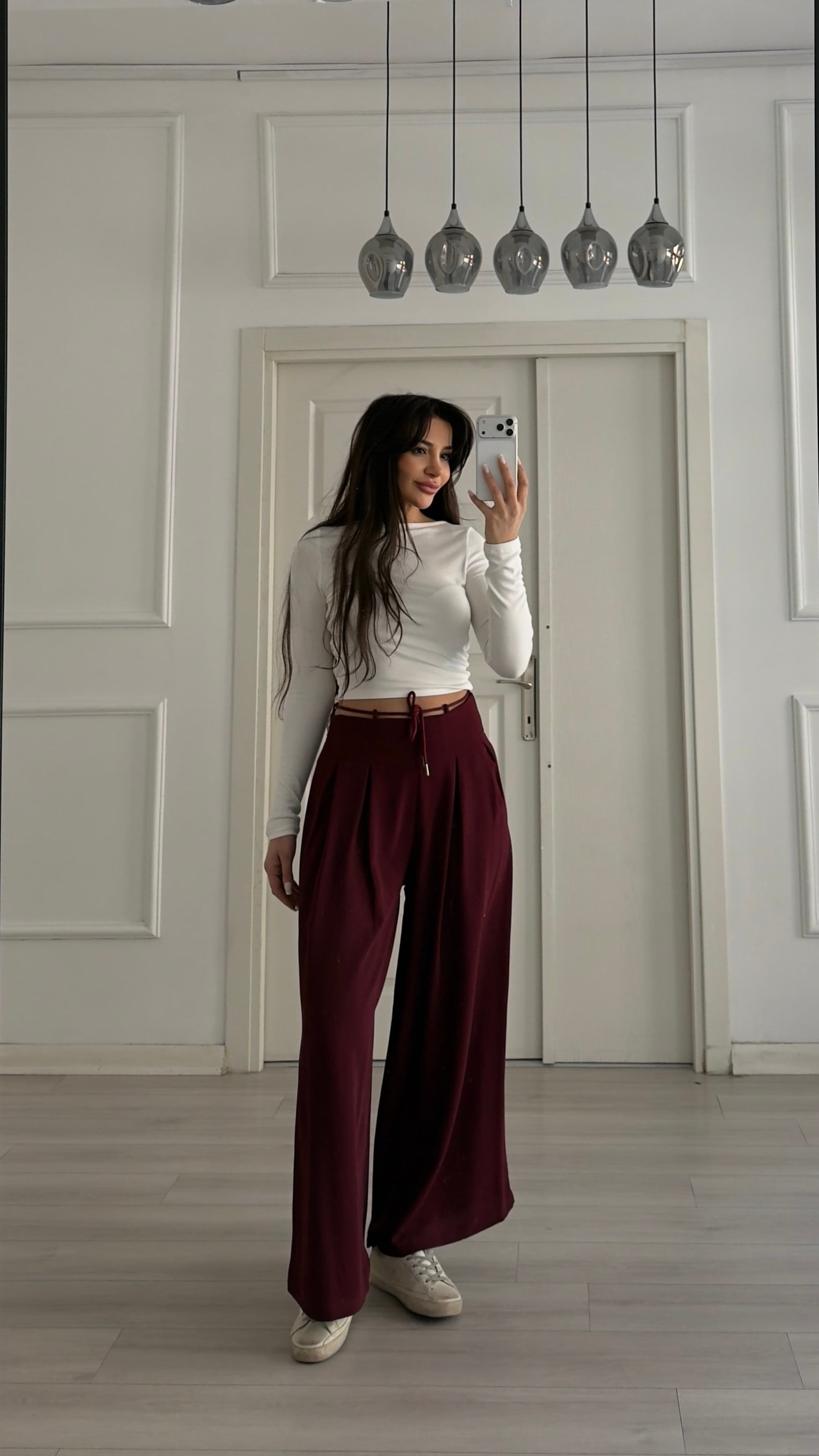 Bordo Pile Detaylı Kemerli Bol Paça Pantolon 