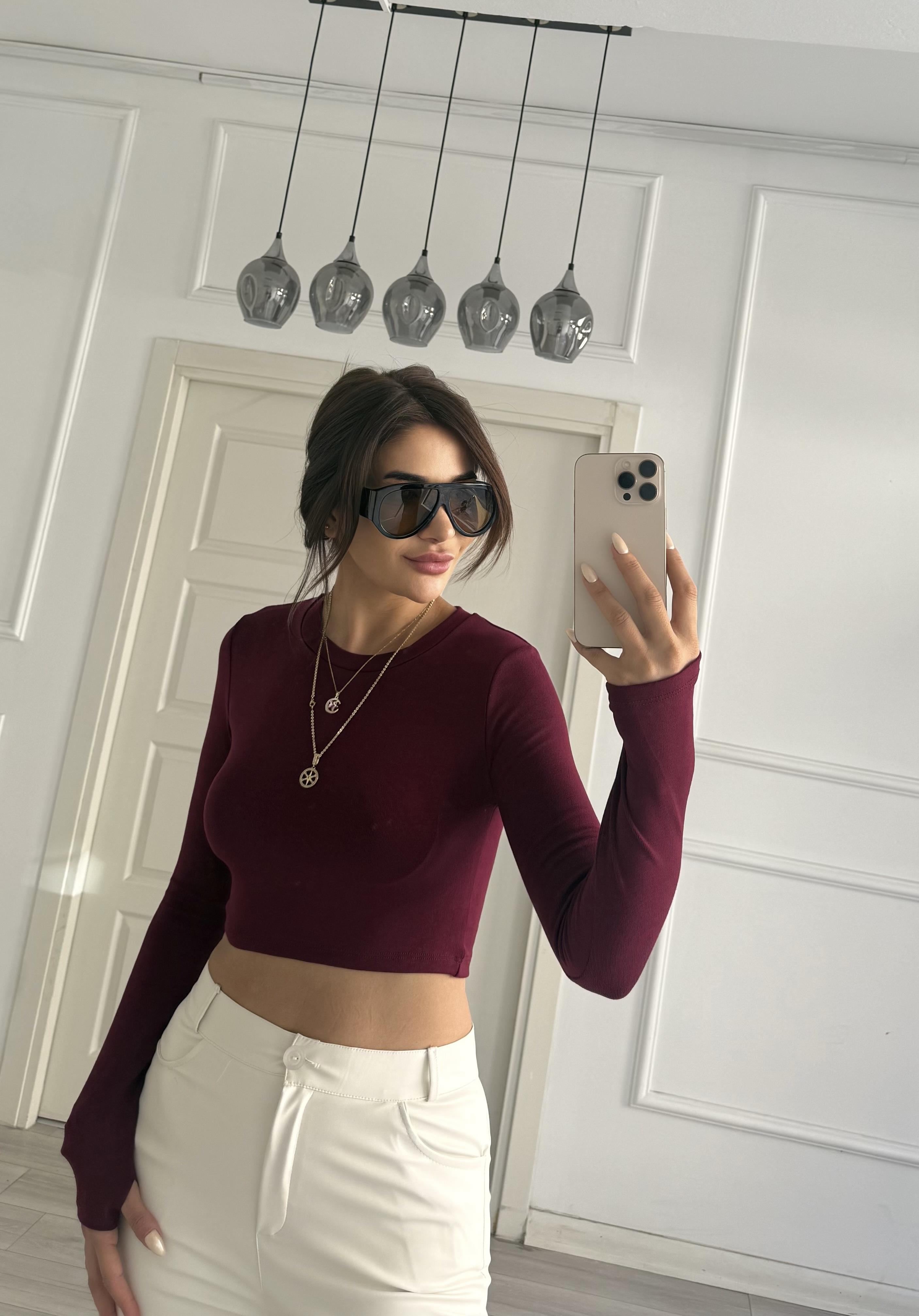 Bordo Uzun Kollu Parmak Geçmeli Crop Esnek Kumaş