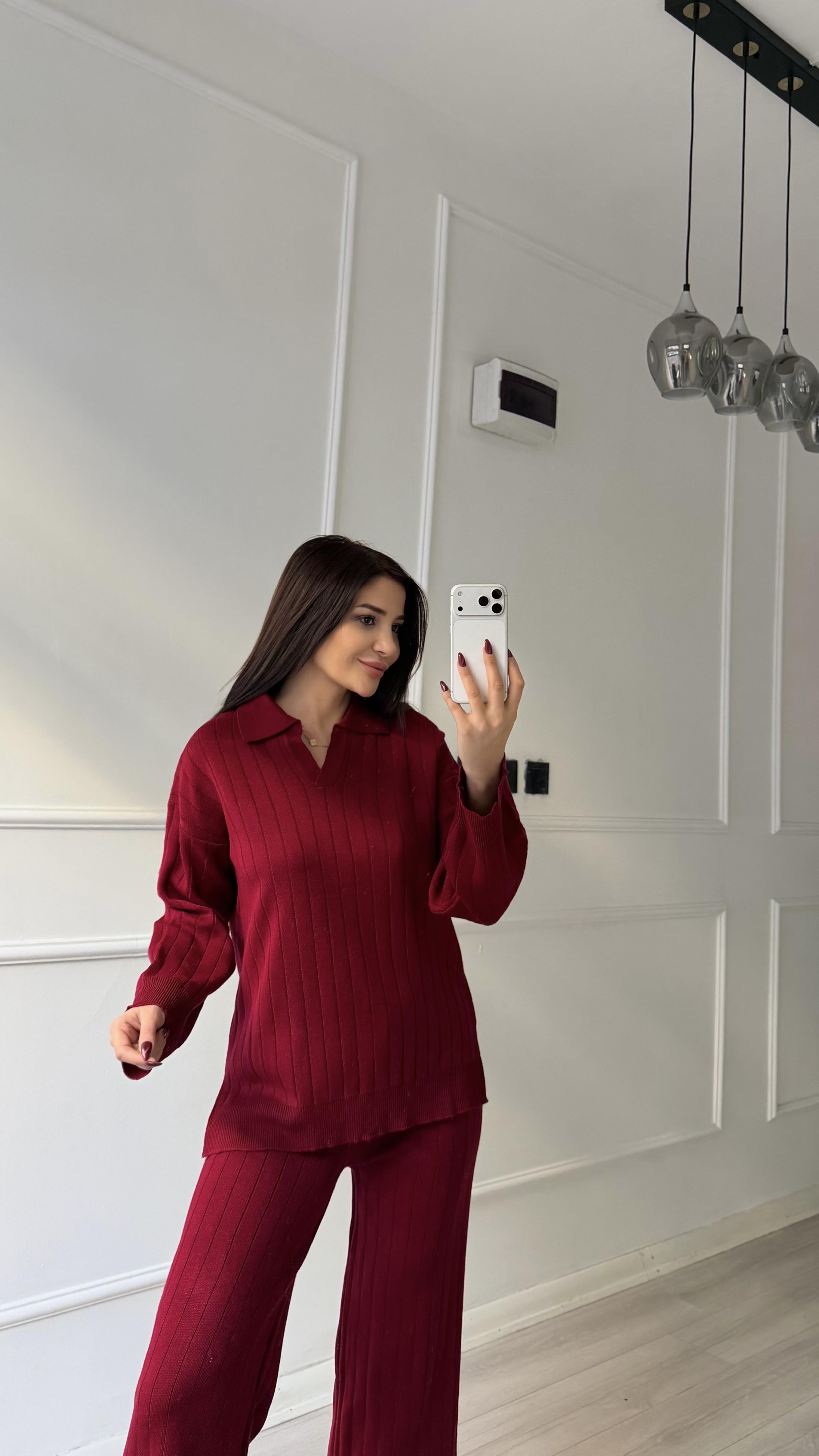 Bordo Yumuşak Dokulu Polo Yaka Triko Pantolon Takım