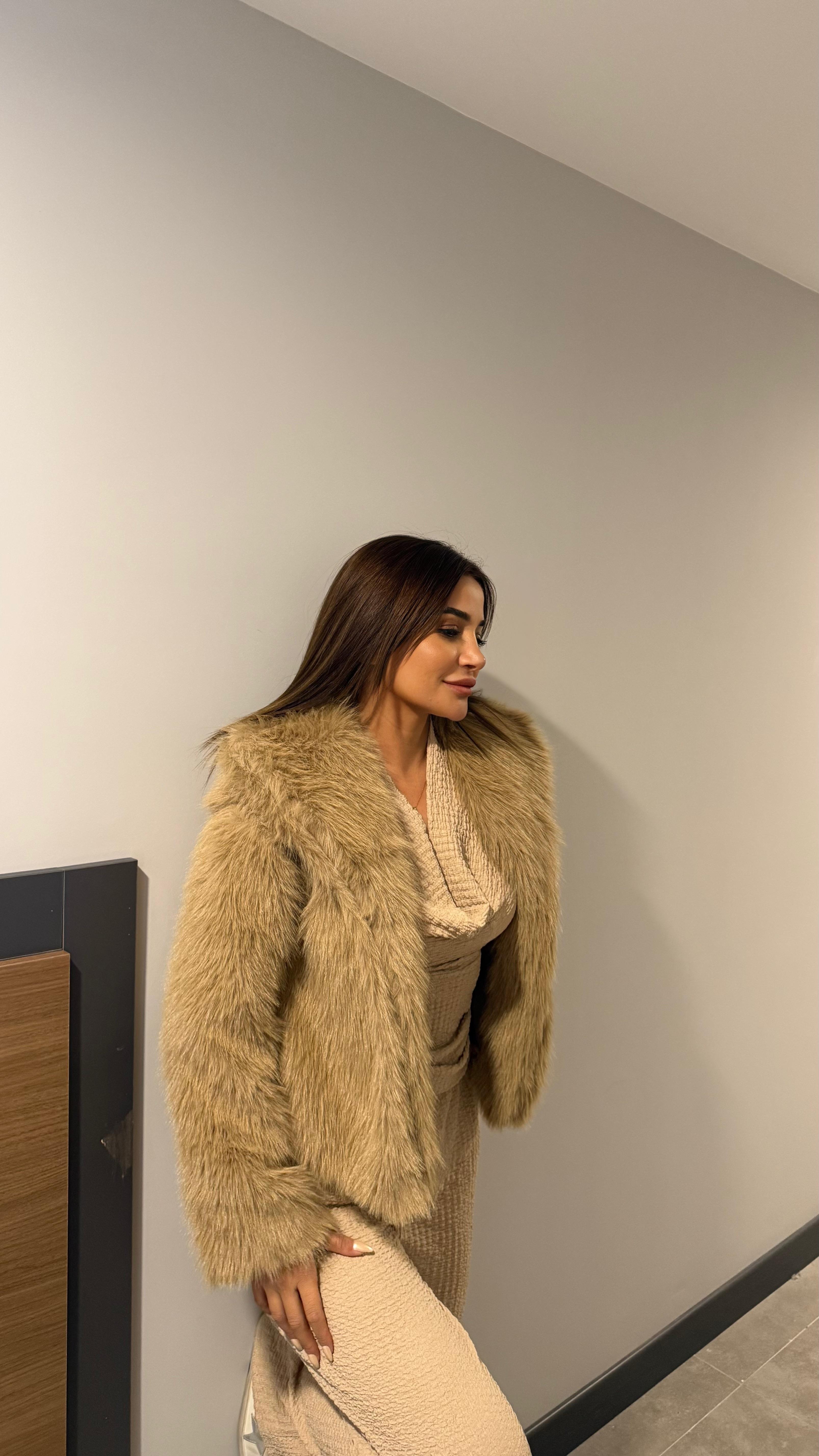 Camel Şal Yaka Kadın Mont Rahat Kalıp İç Astarlı Premium Kalite  Kürk 