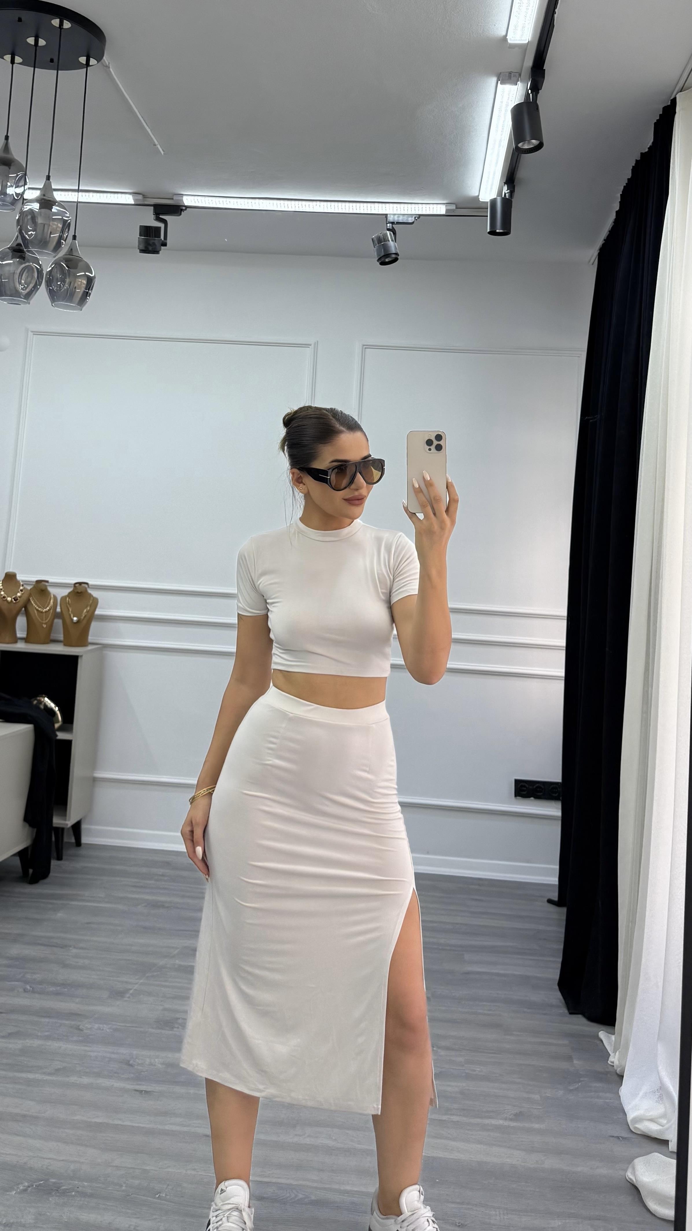 Esnek sandy Kumaş Crop Etek ikili Takım