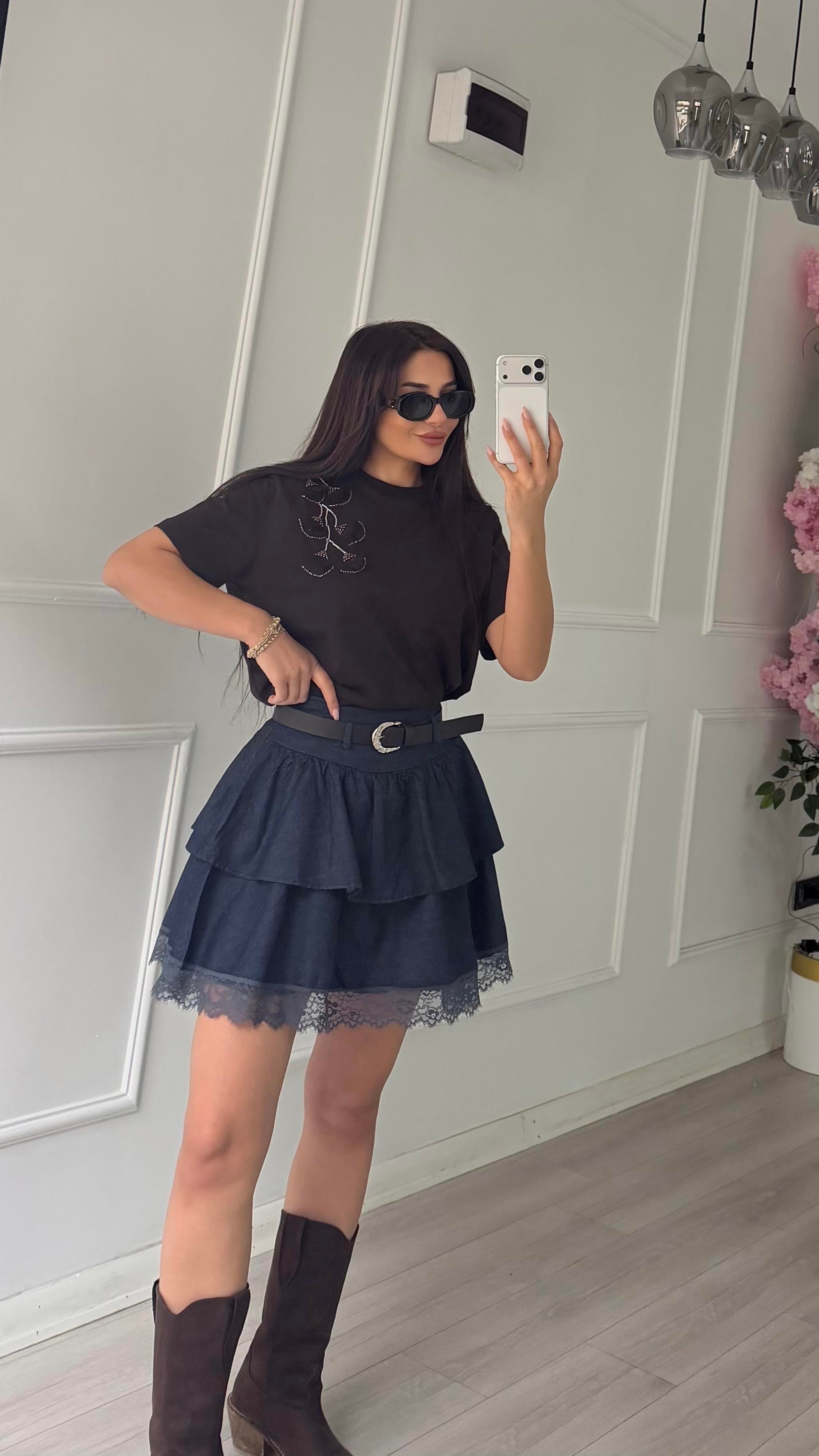 Dantel Detaylı Denim Etek