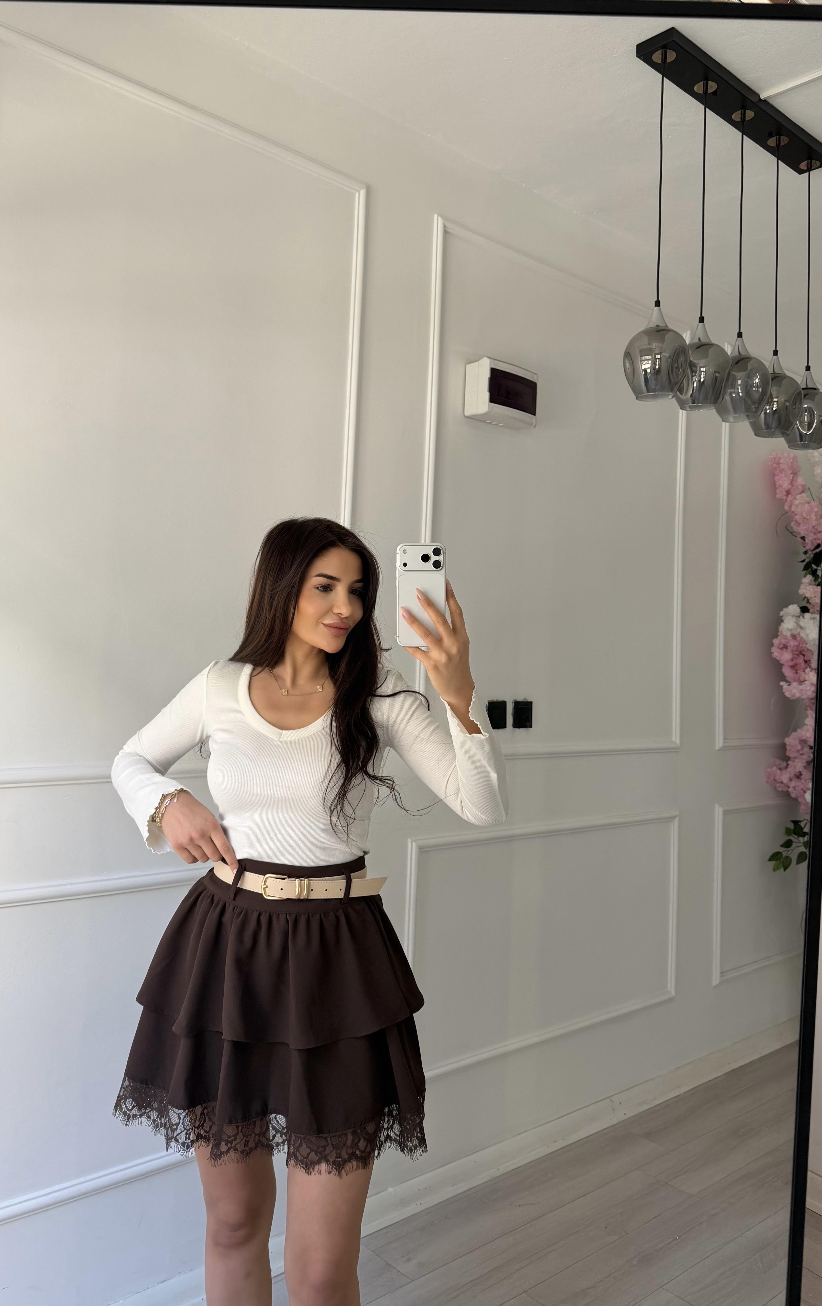 Dantel Detaylı Kat Piliseli Etek Kahve