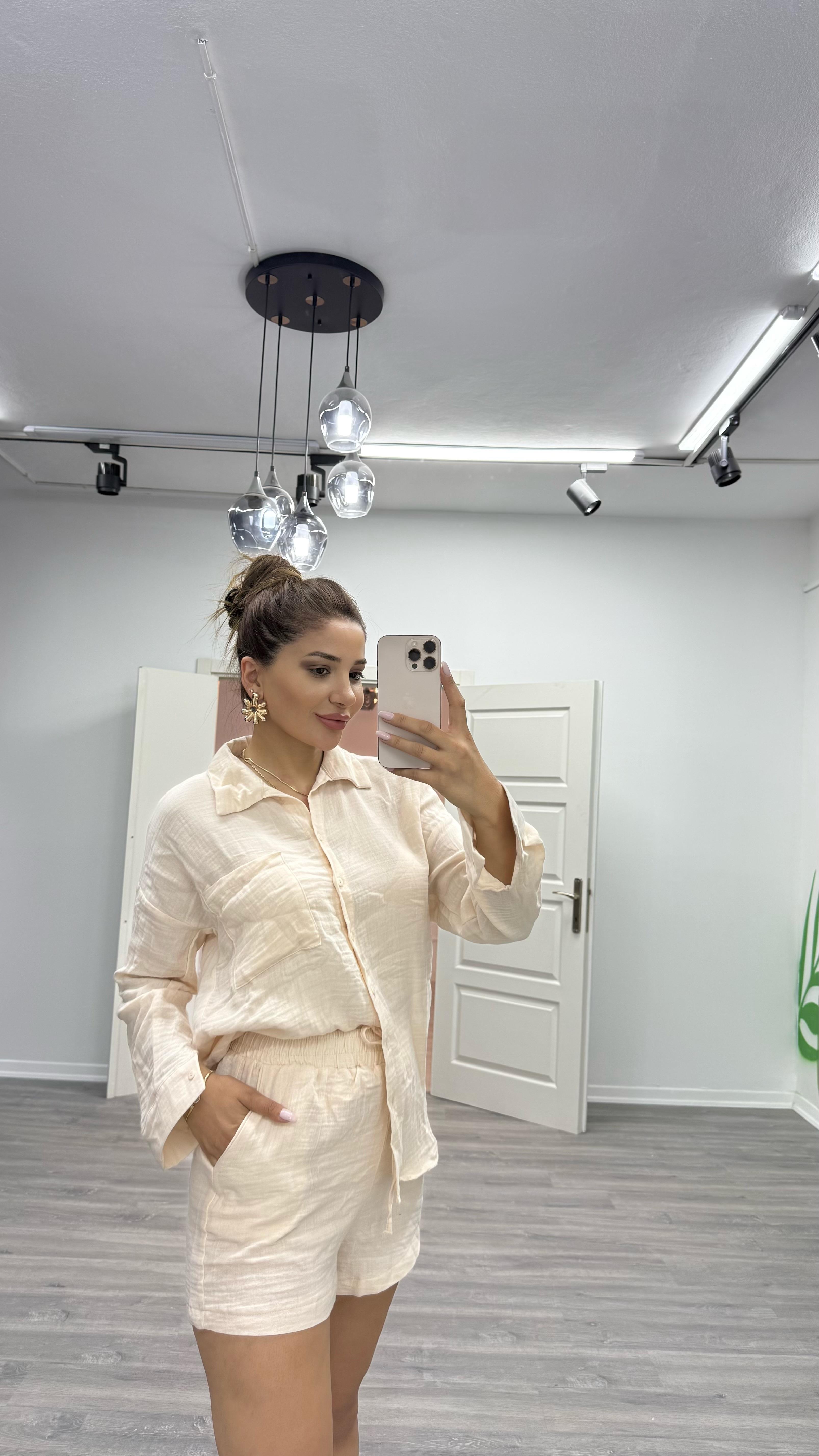 Ebru Müslin Kumaş Rahat Kesim Gömlek Şort İkili Takım