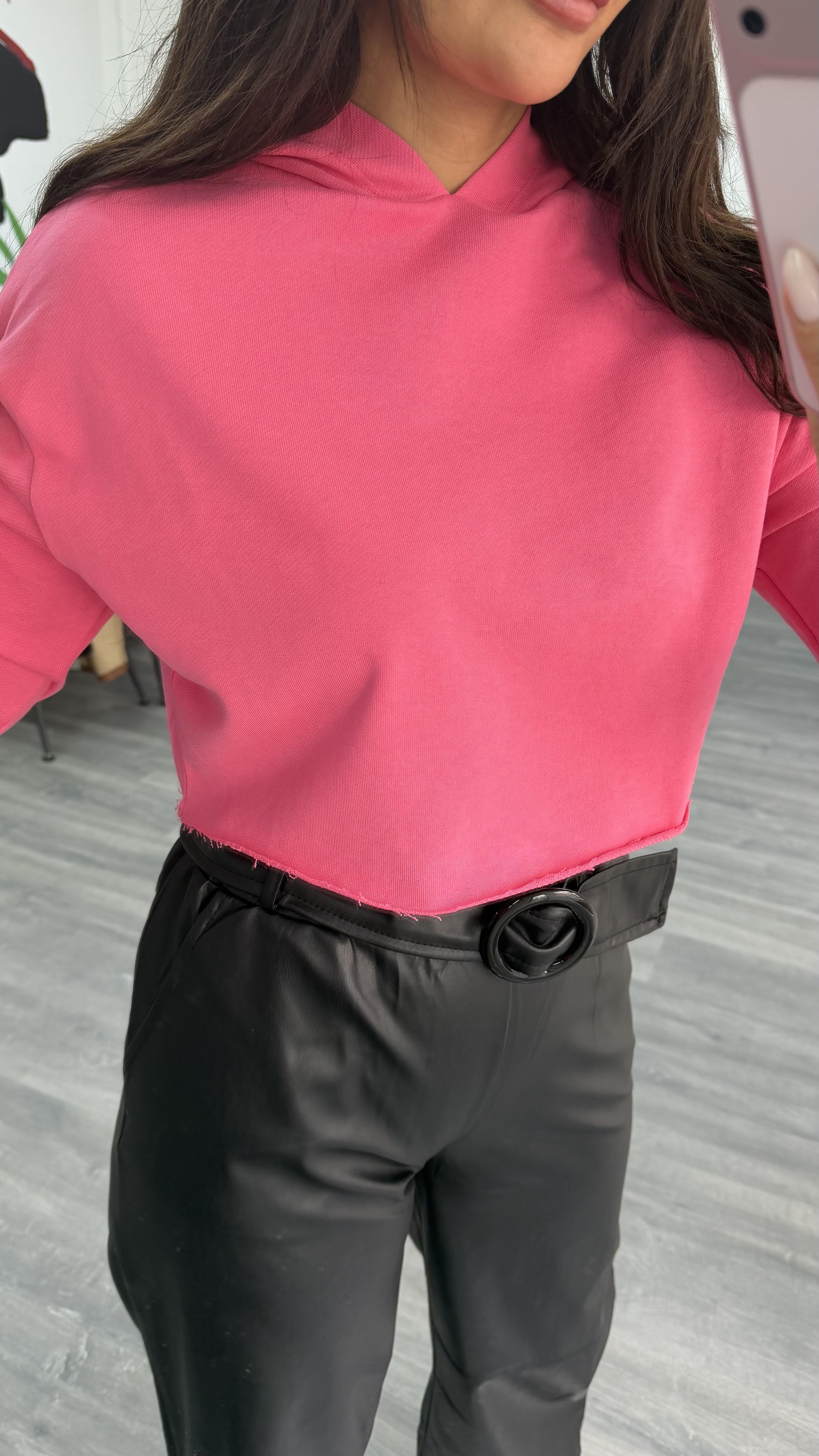 Fuşya Kapüşonlu Rahat Kalıp Crop Sweatshirt