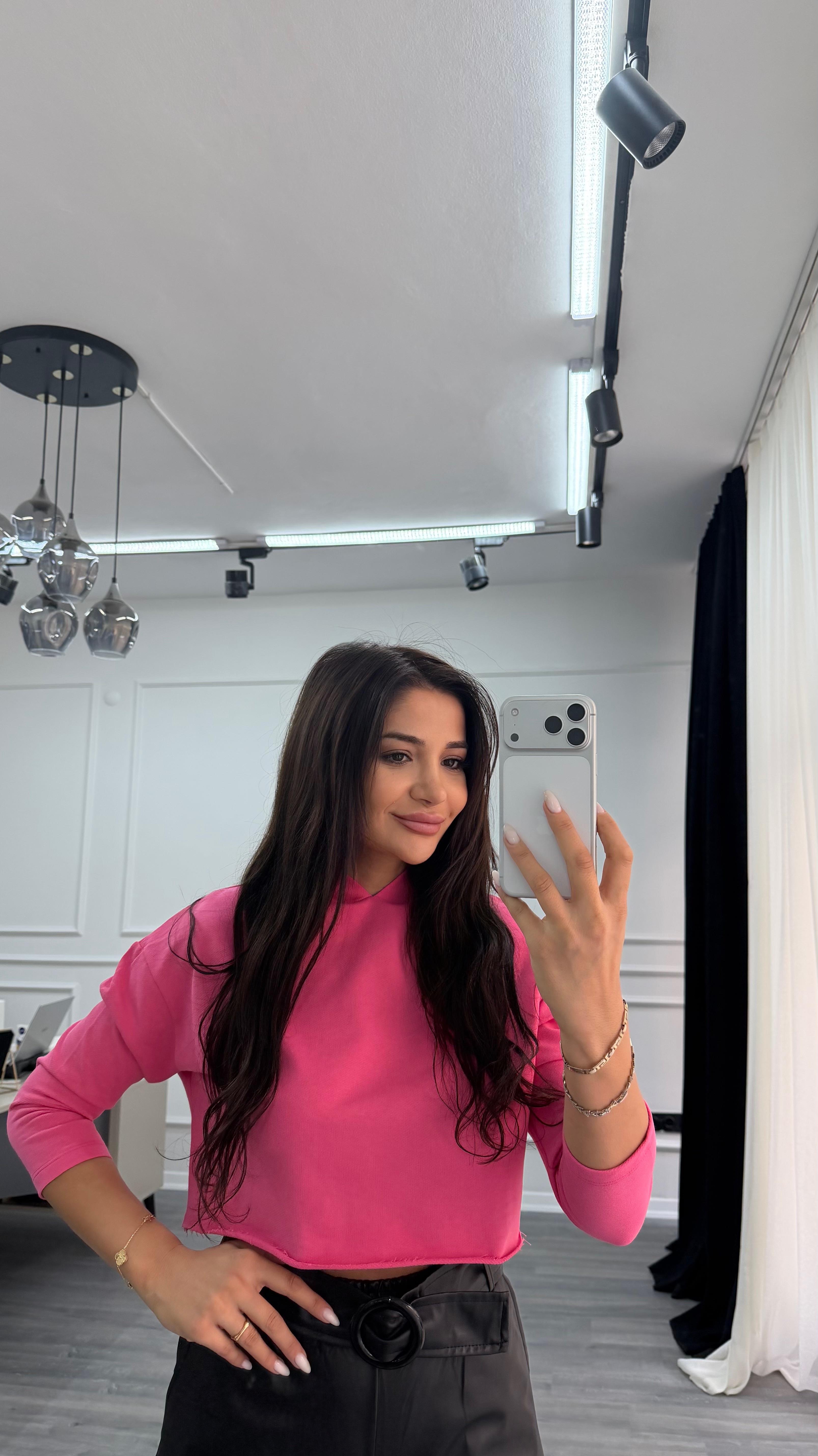 Fuşya Kapüşonlu Rahat Kalıp Crop Sweatshirt