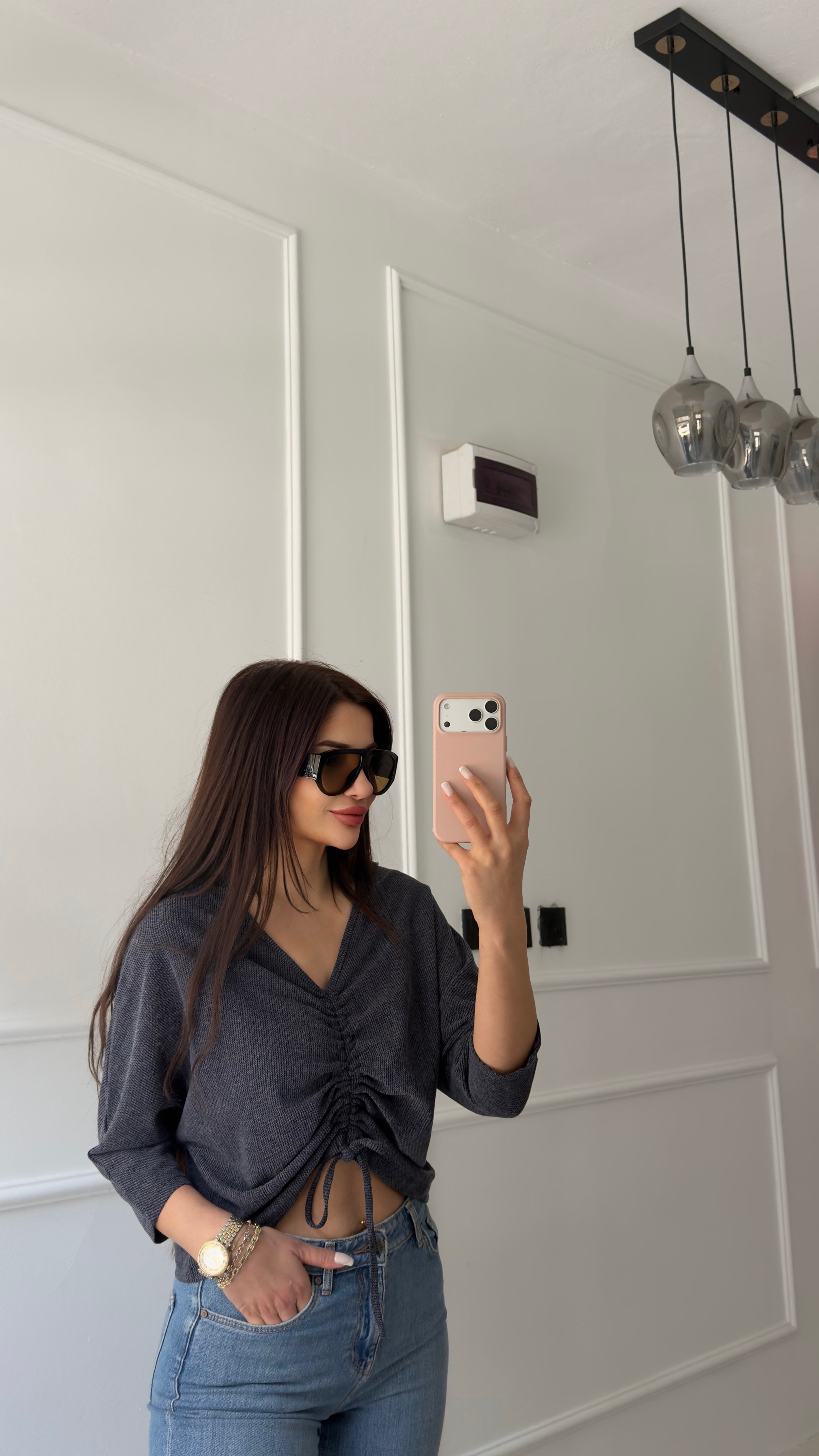 Gri Büzgü Detaylı Oversize Bluz