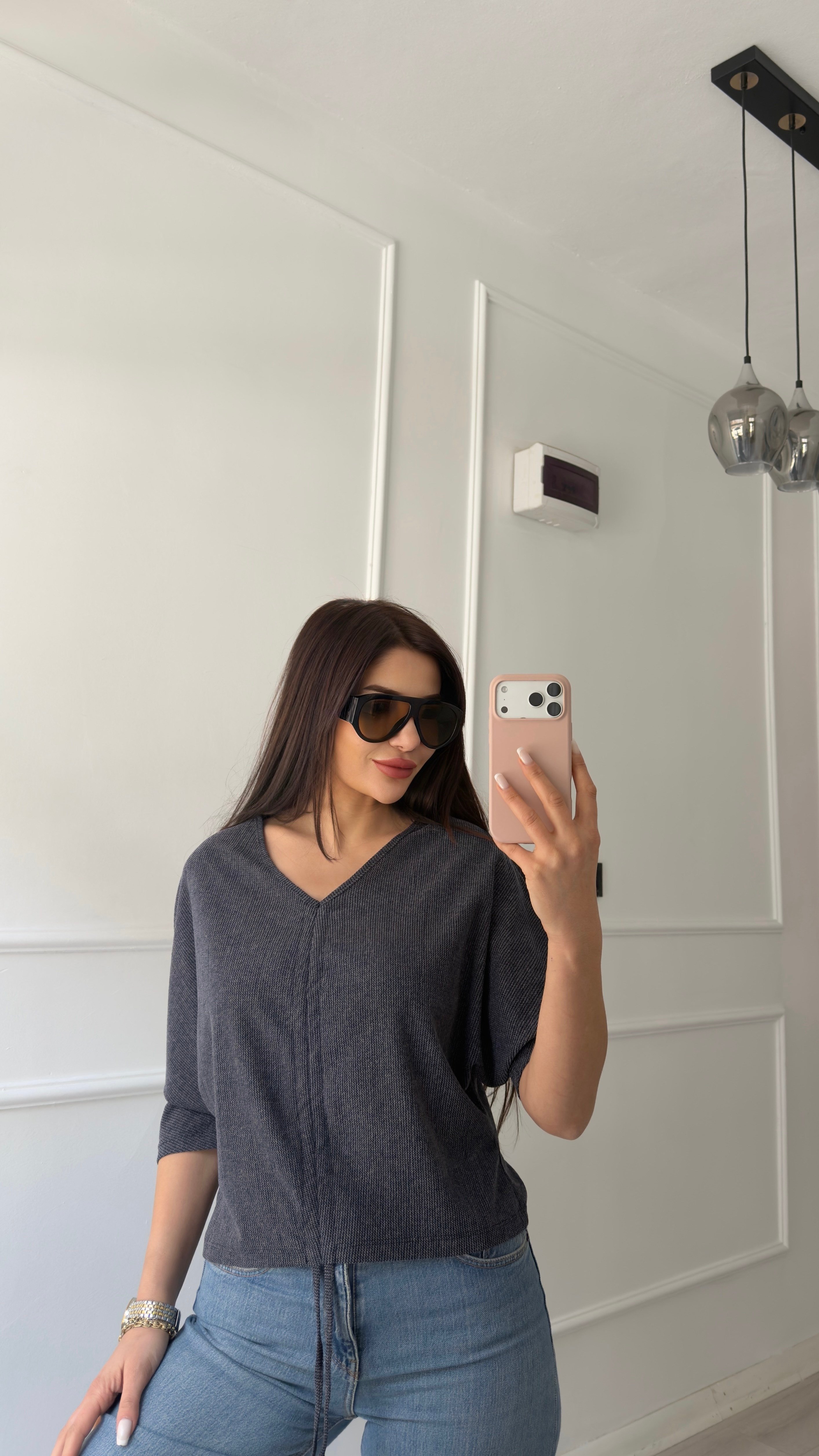 Gri Büzgü Detaylı Oversize Bluz