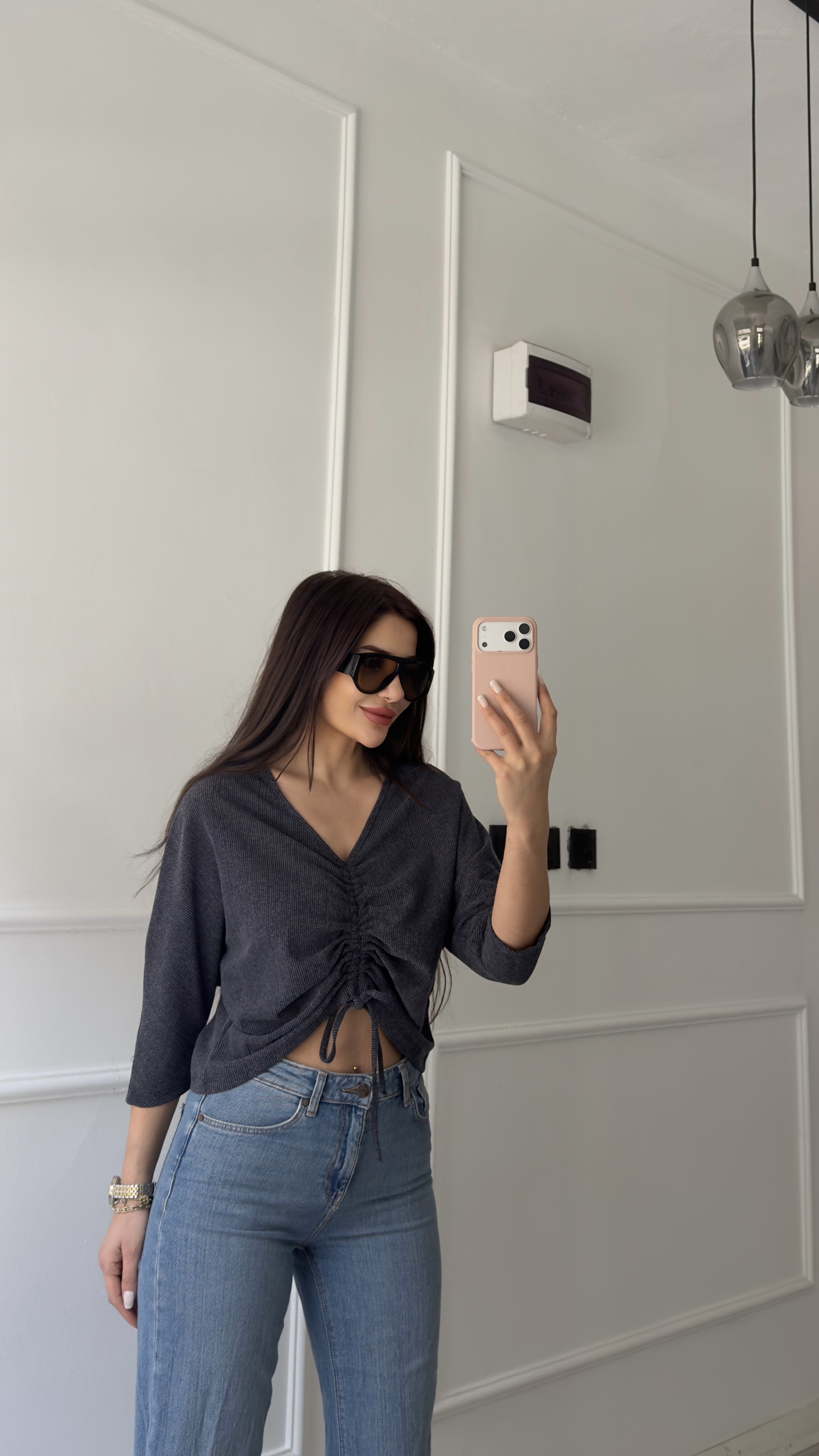 Gri Büzgü Detaylı Oversize Bluz