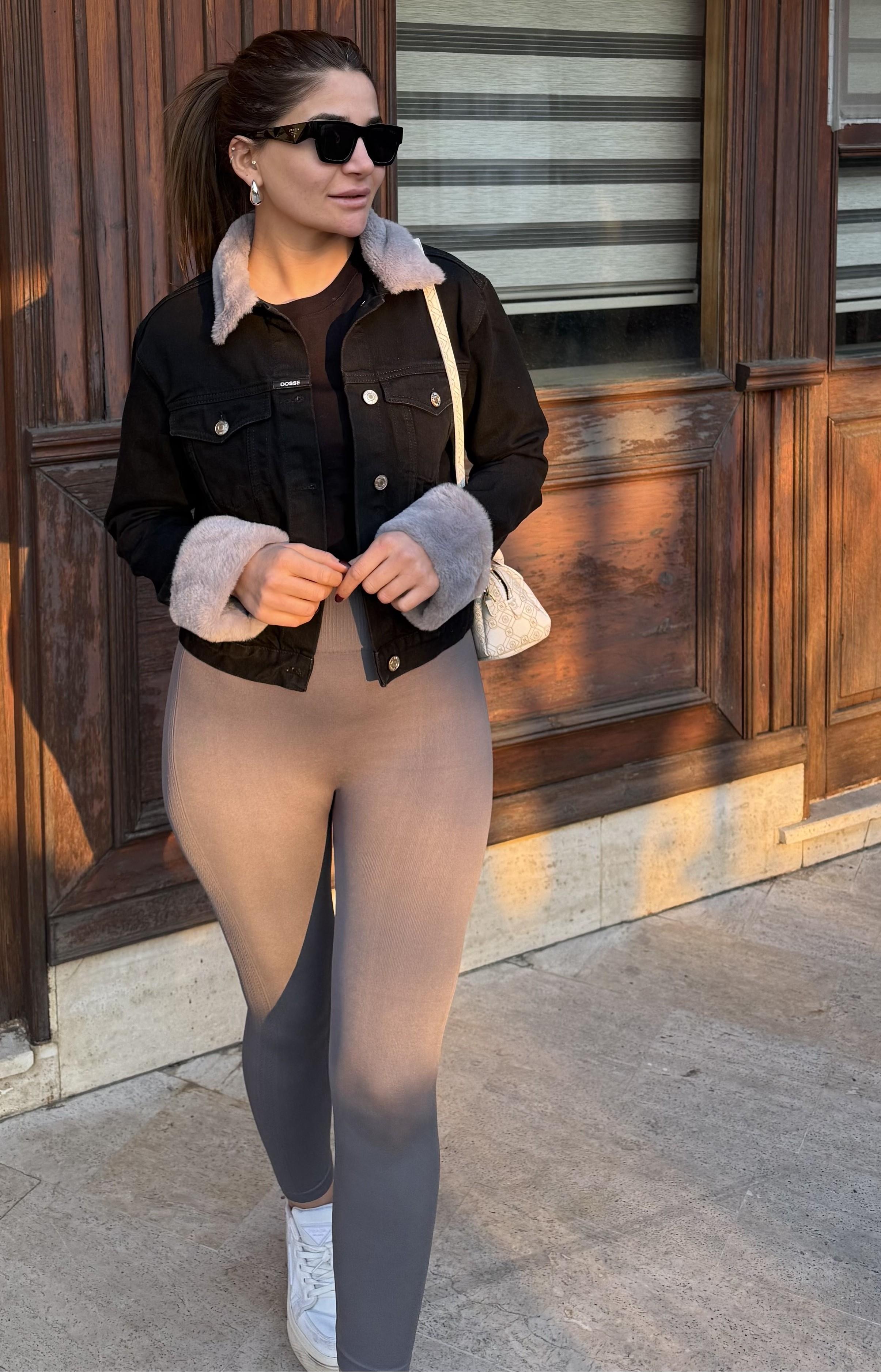 Fitilli Yüksek Bel Dikişsiz Örme Fitilli Tayt-Gri