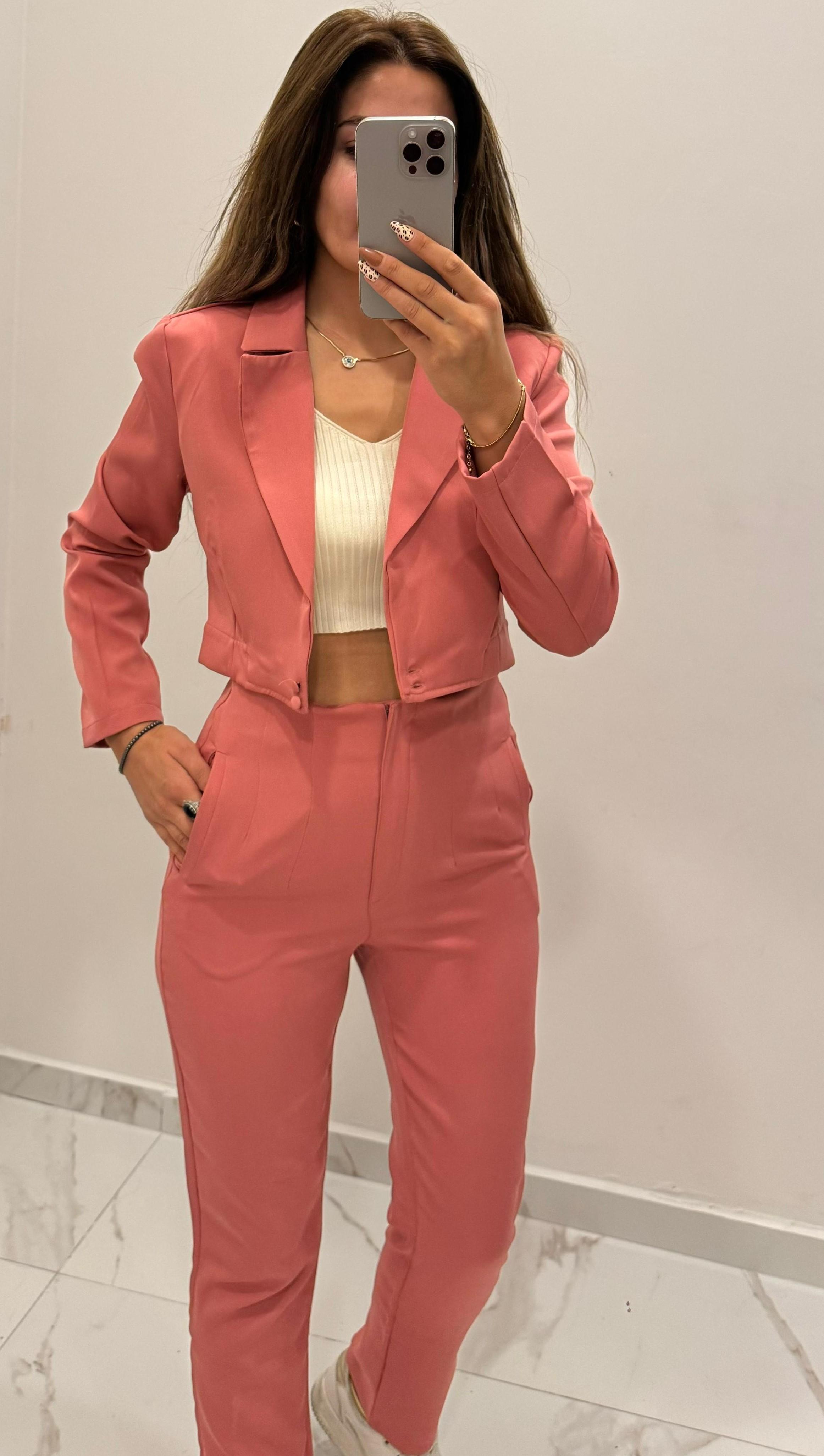 Gül Kurusu Pantolon Crop Ceket Takım