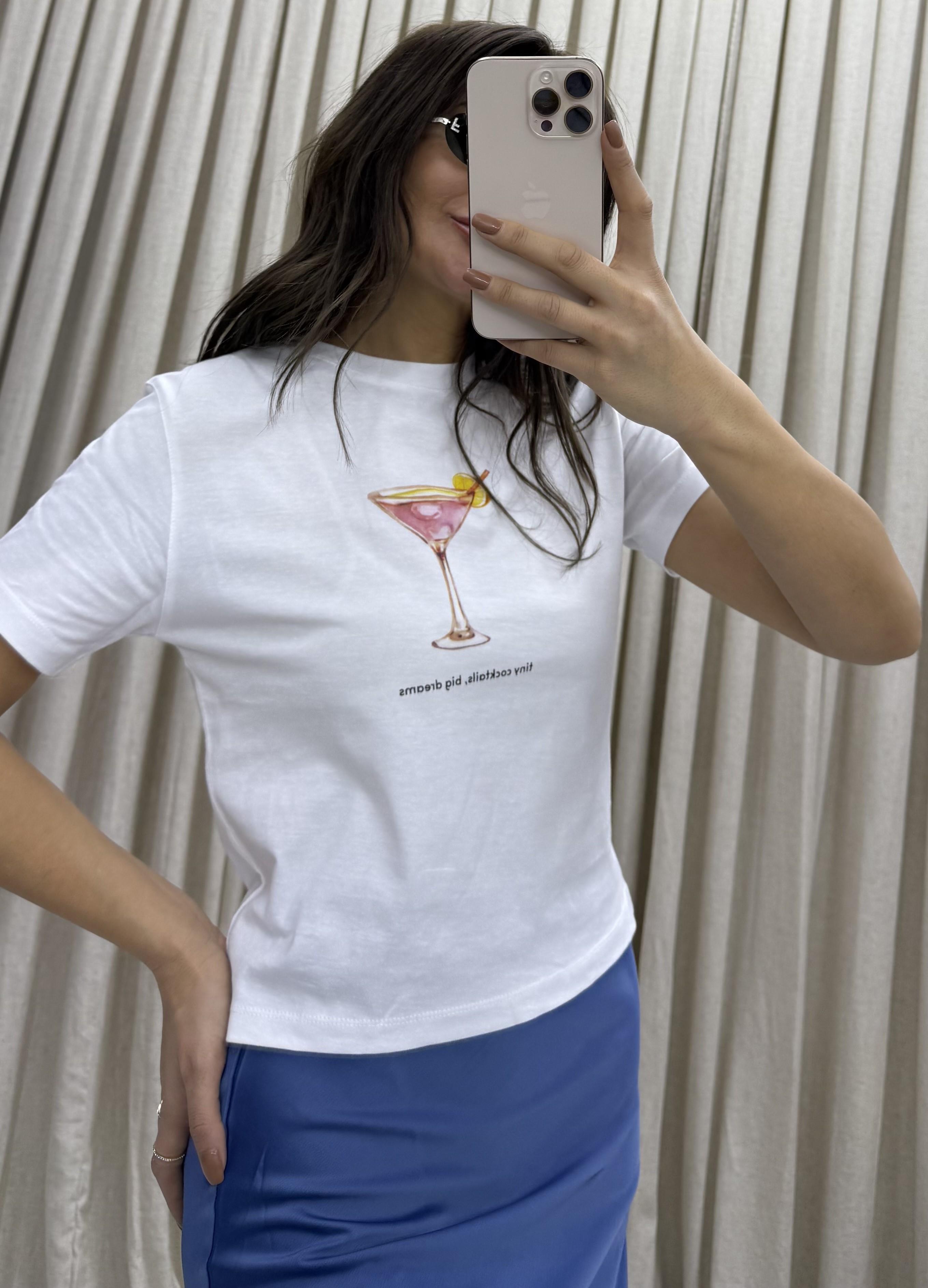 Kadın Cocktail Baskı Desenli Kısa Kollu Organik Pamuklu Bisiklet Yaka Crop Beyaz T-Shirt