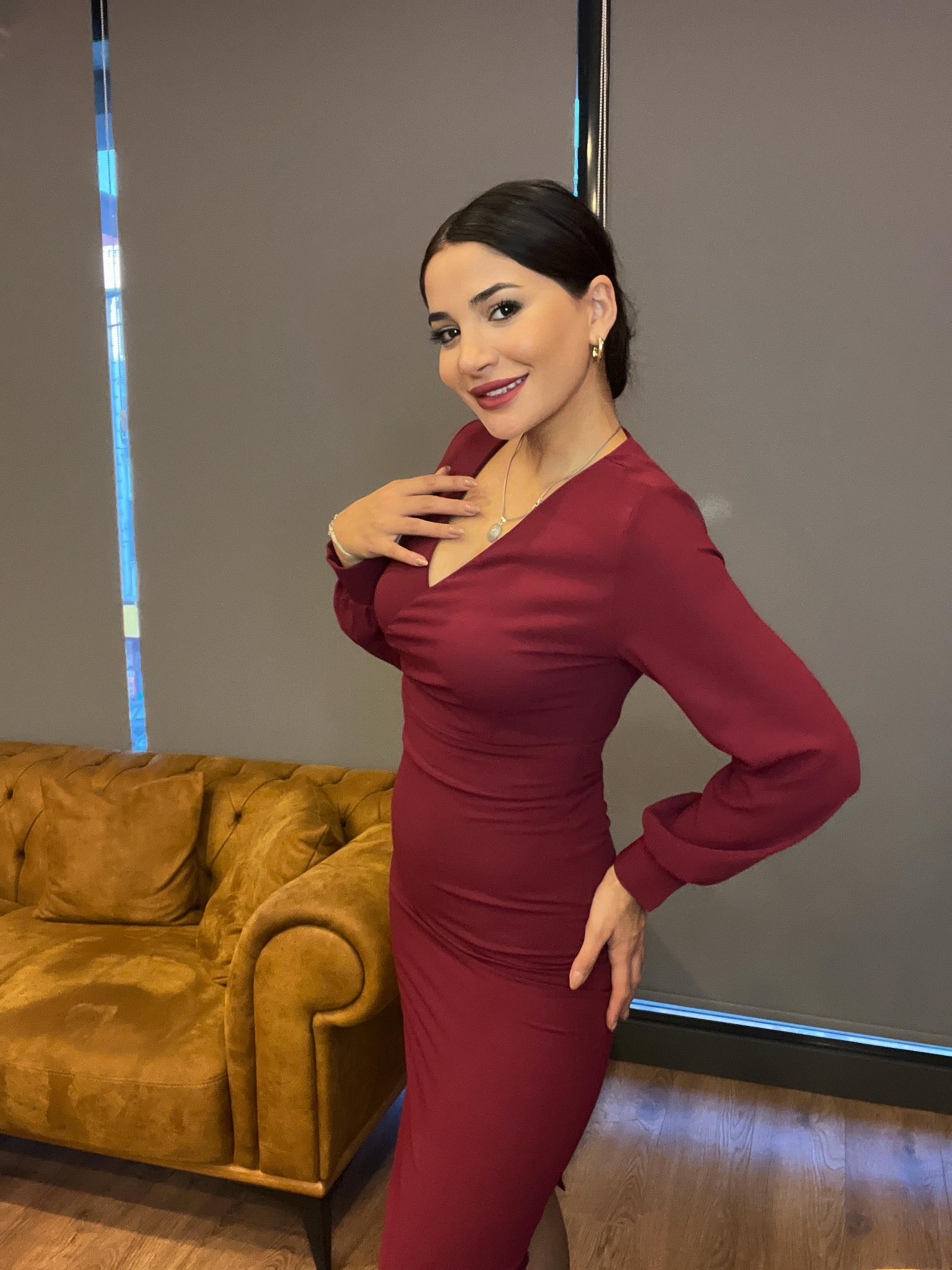 Kadın Krep Kravuze Yaka Midi Boy Bordo Elbise 
