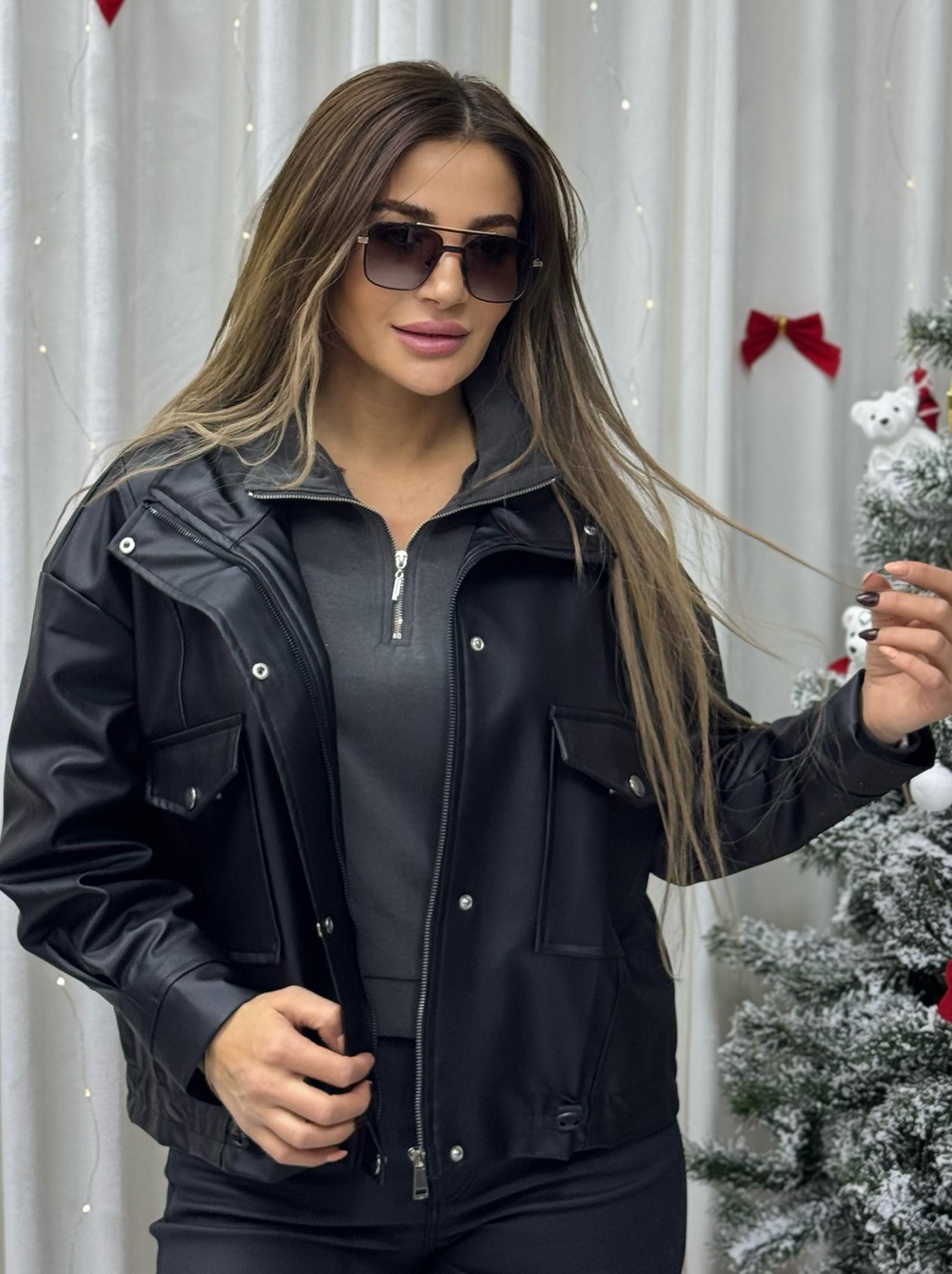 Kadın Siyah Oversize Cepli Dik Yaka Deri Ceket