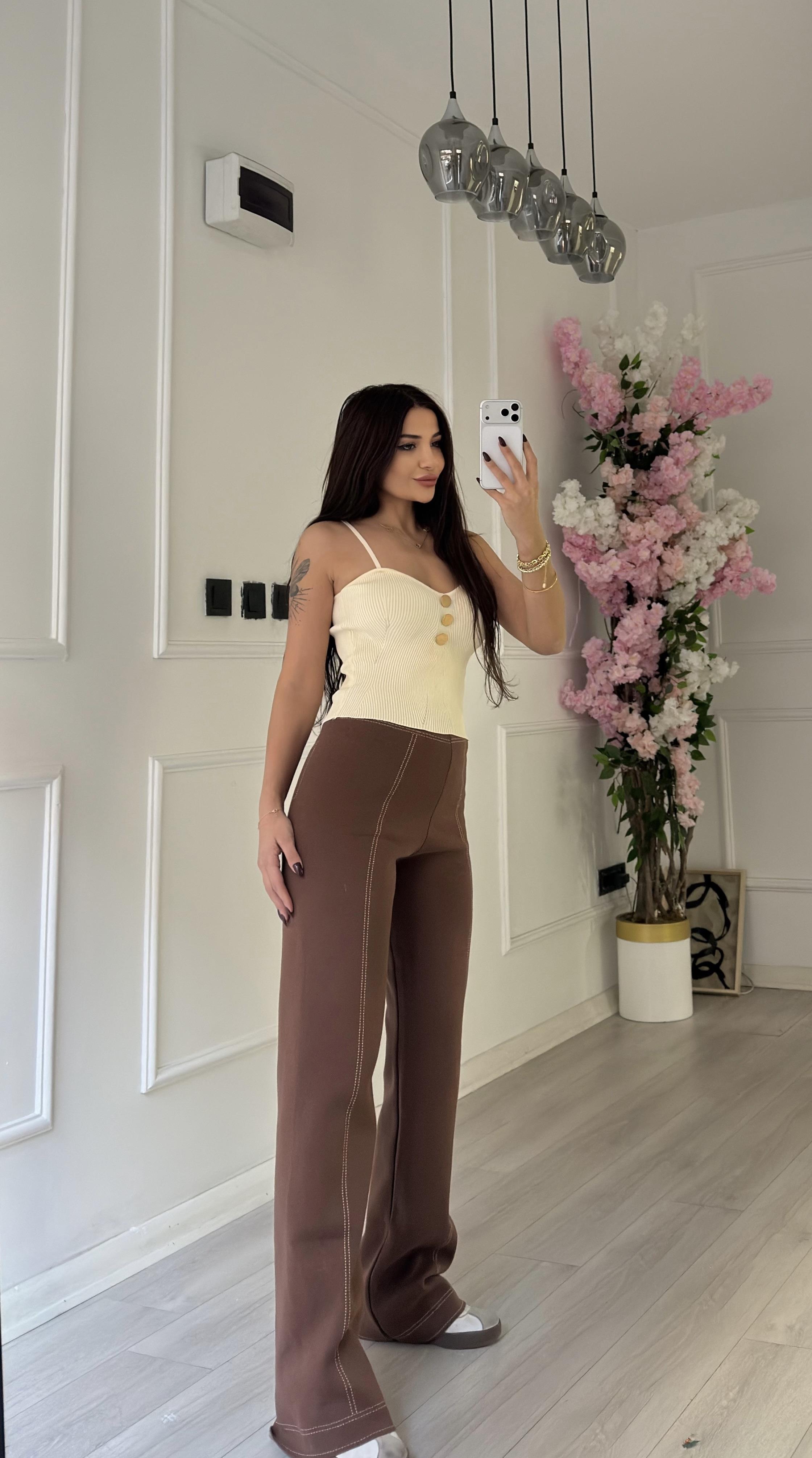 Kahve  Dikişli Geniş Paça Çelik Triko Pantolon