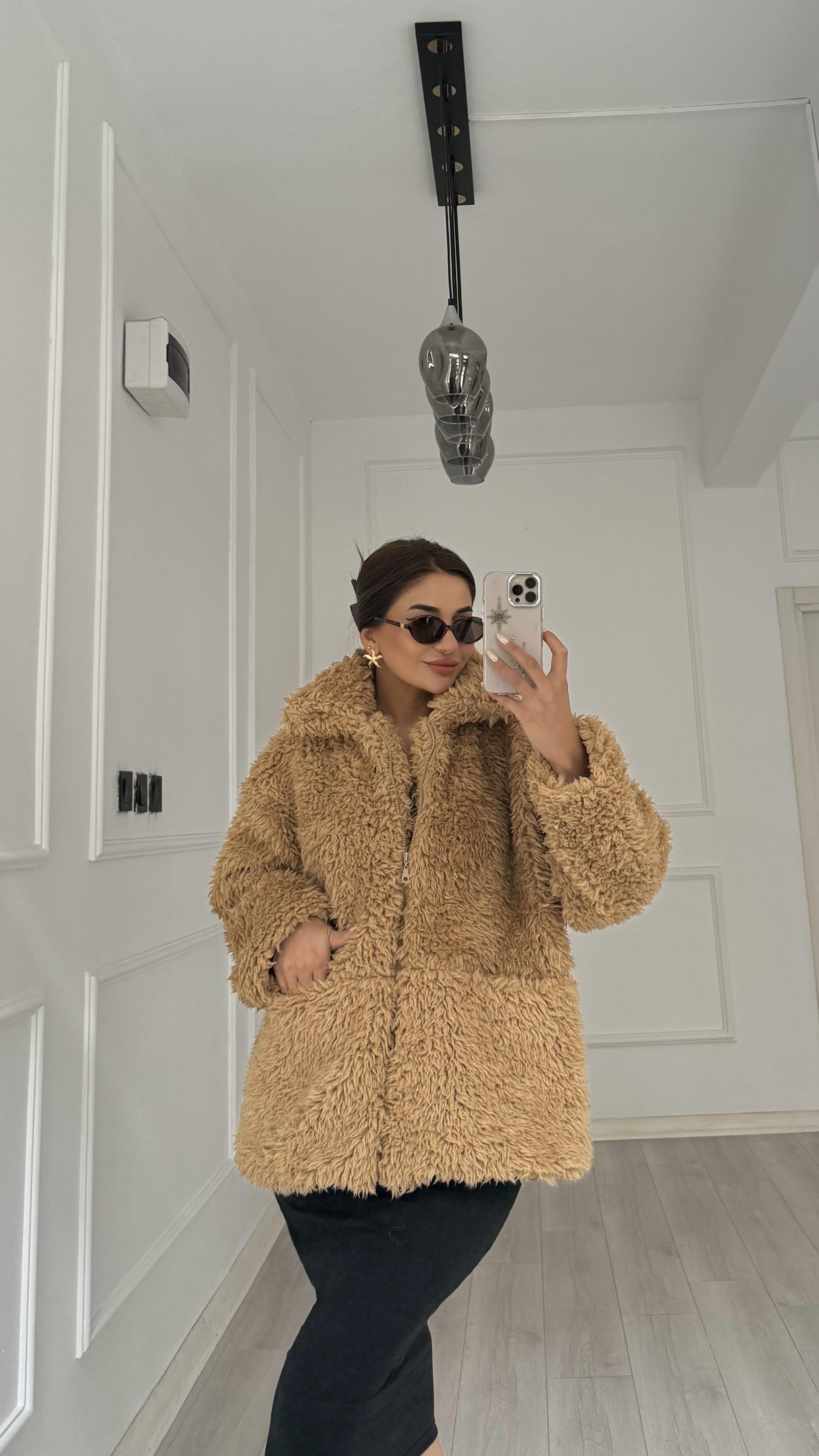 Kahverengi Peluş Fermuarlı Çift Cepli Kürk