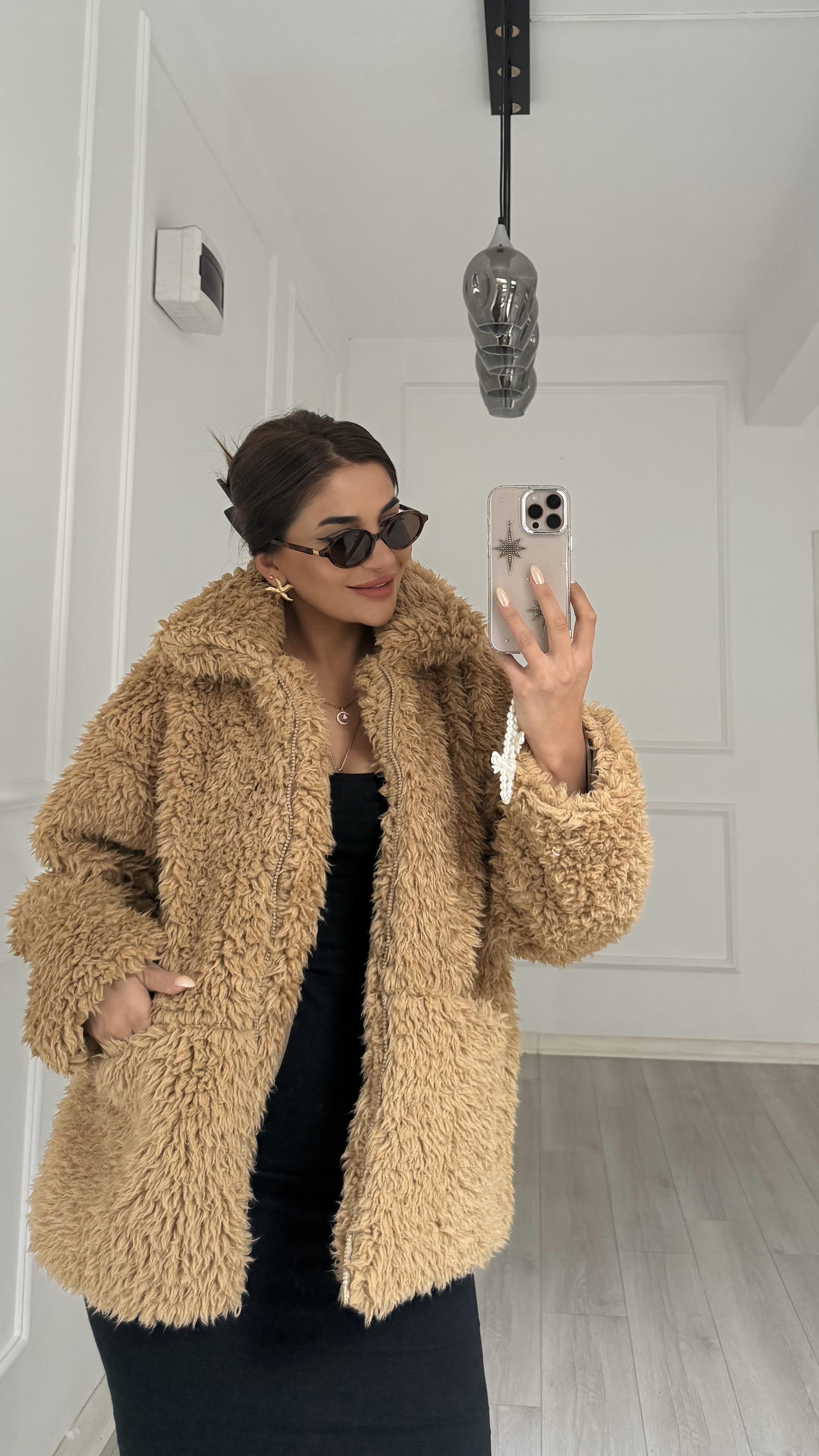 Kahverengi Peluş Fermuarlı Çift Cepli Kürk