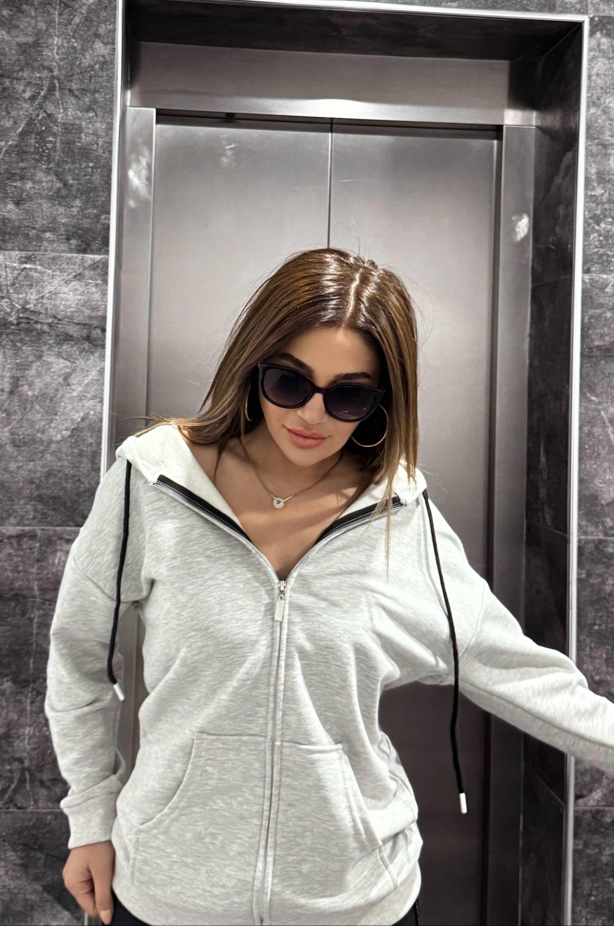 Kapşonlu Fermuarlı Sweat-Gri