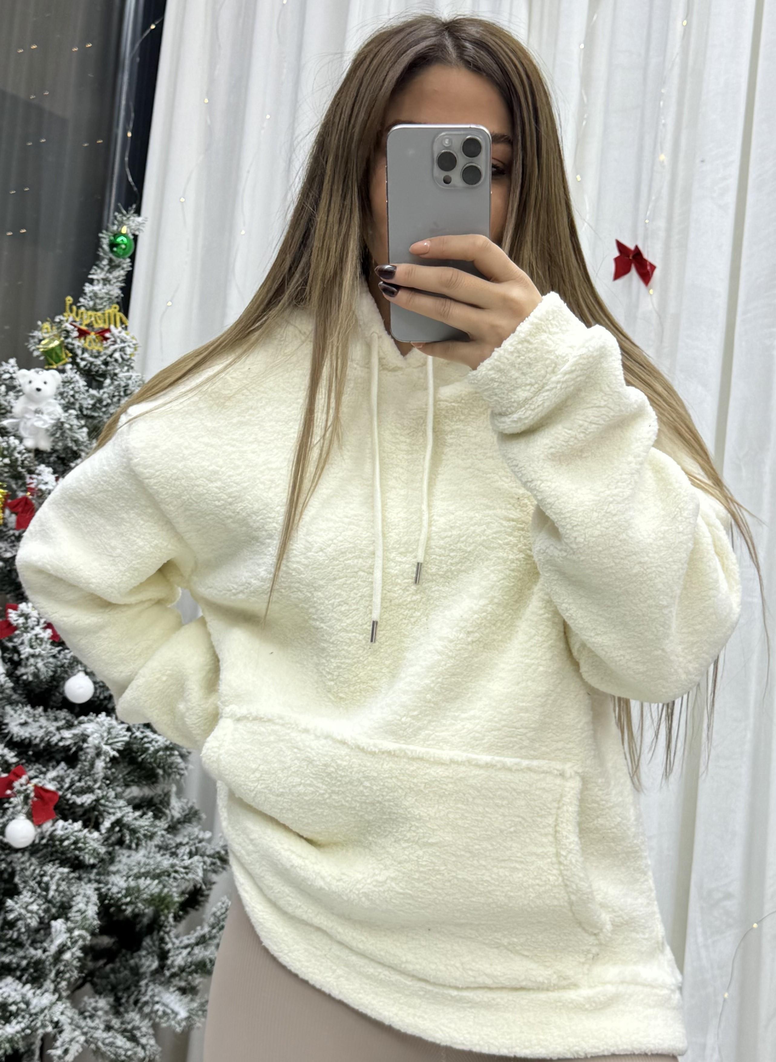Kapüşonlu Cepli Yumoş Sweat- bej