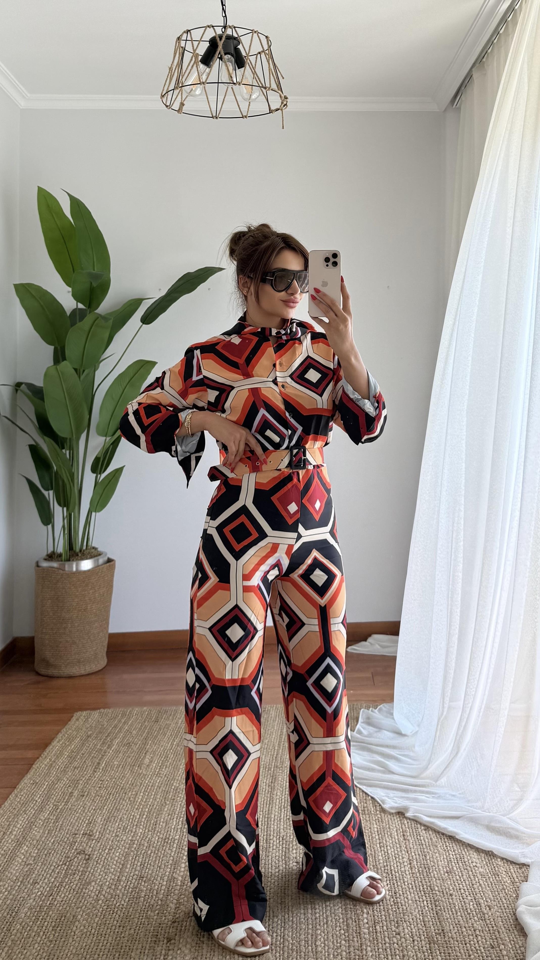 Kemerli Saten Dokulu Desenli Tulum-Oranj