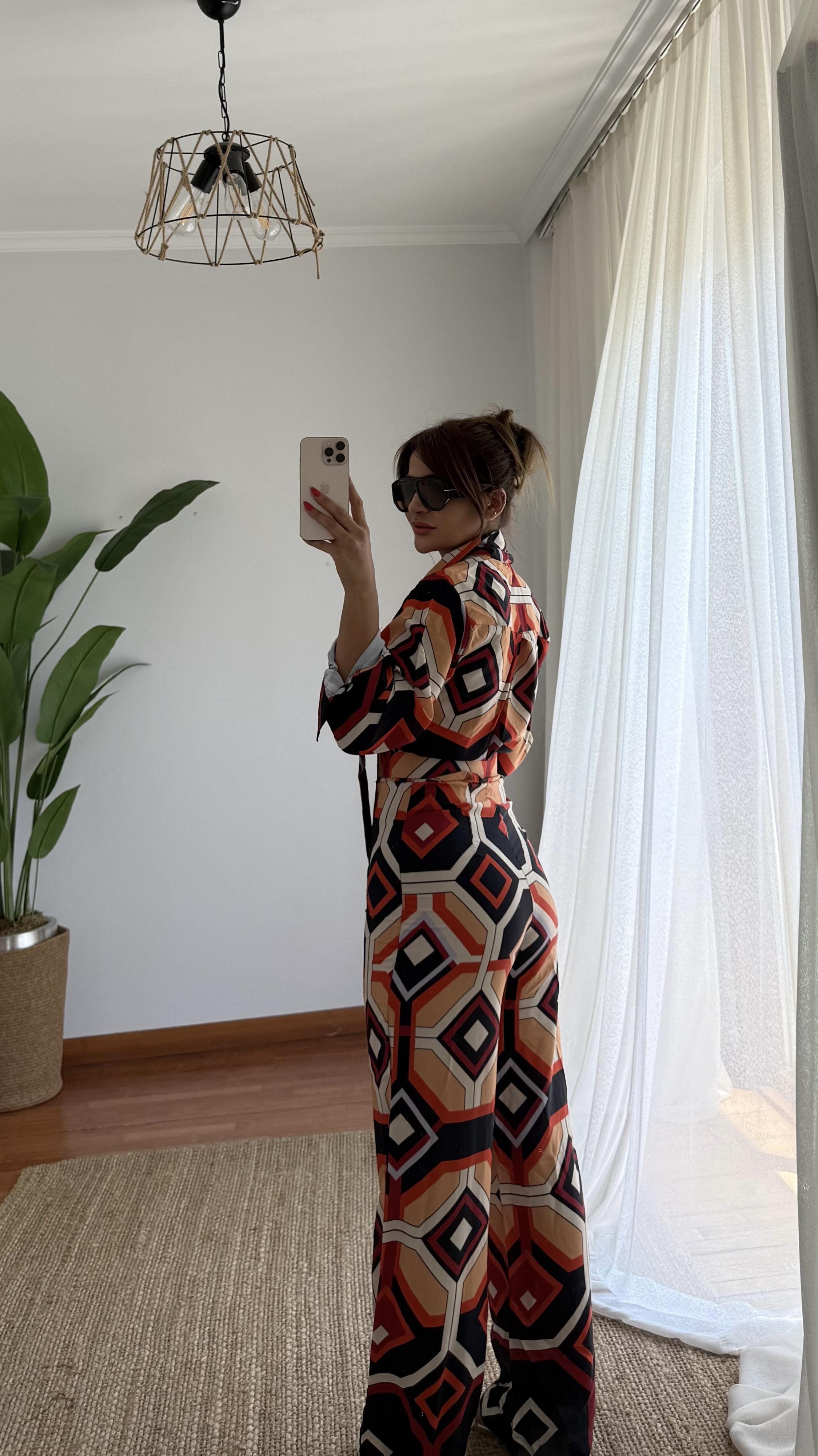 Kemerli Saten Dokulu Desenli Tulum-Oranj