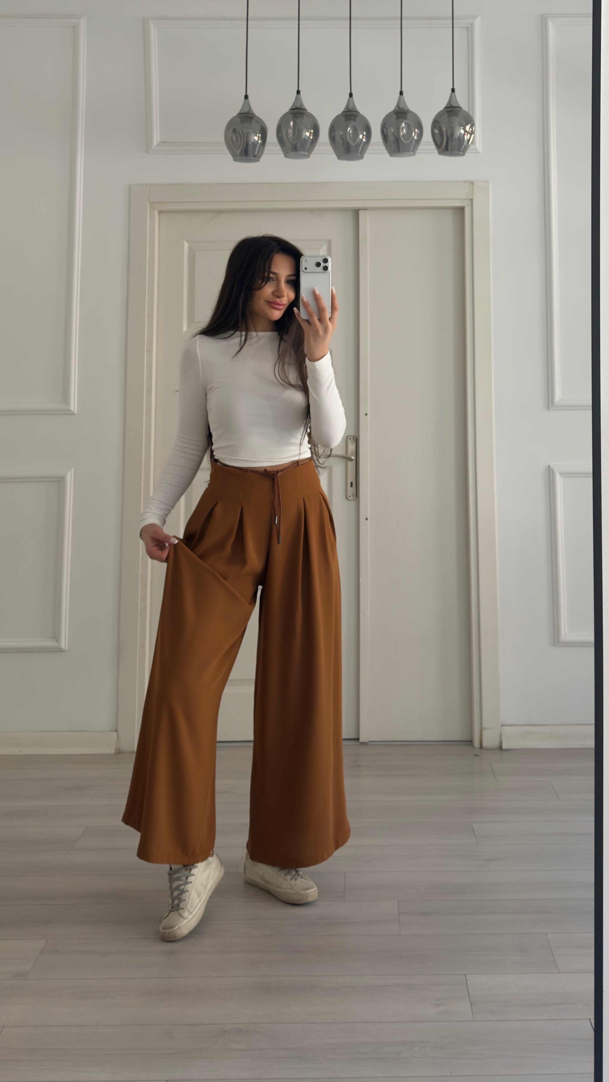 Kiremit Pile Detaylı Kemerli Bol Paça Pantolon 