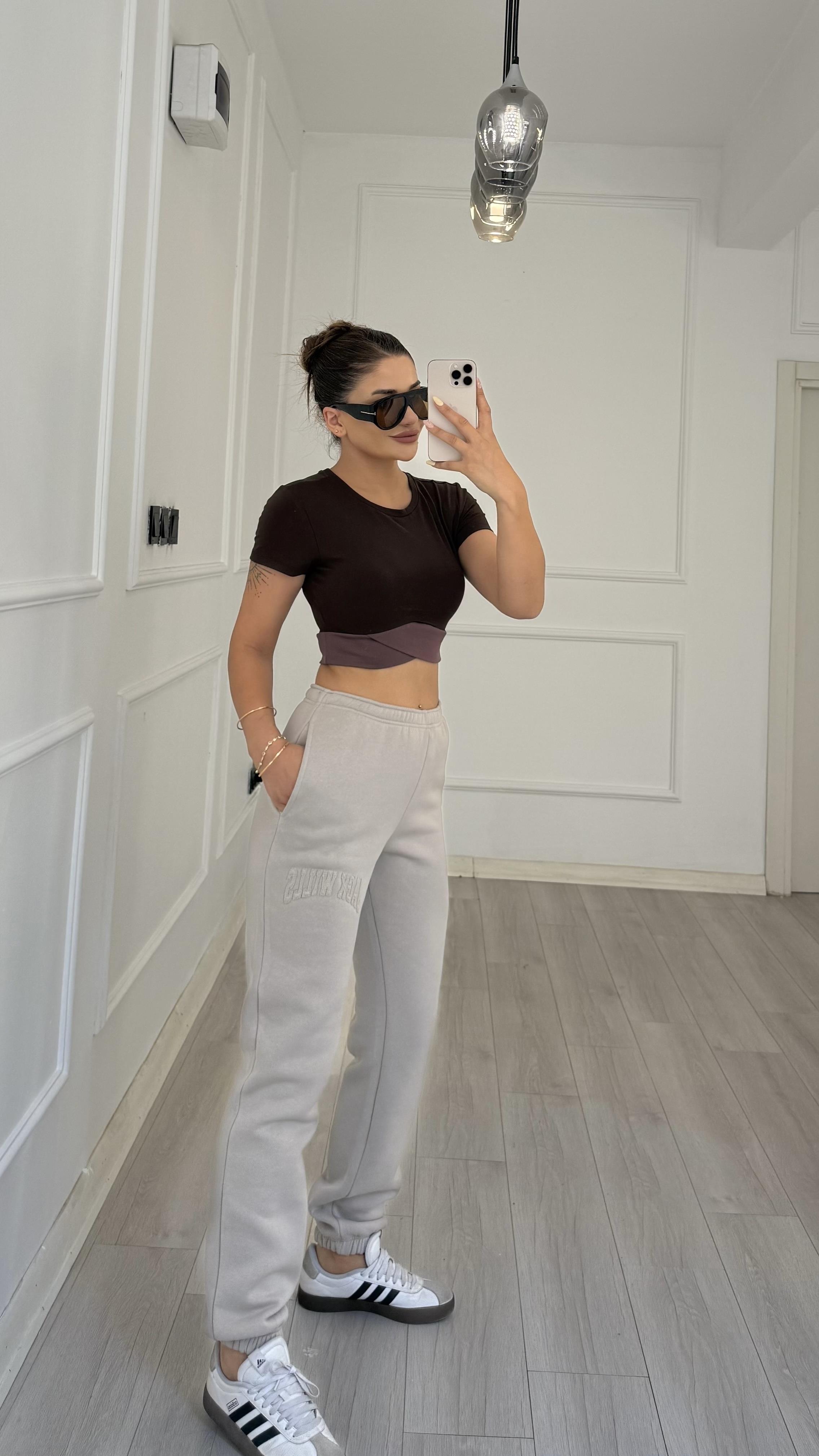 Kısa Kol Bisiklet Sporcu Crop Top -KAHVE